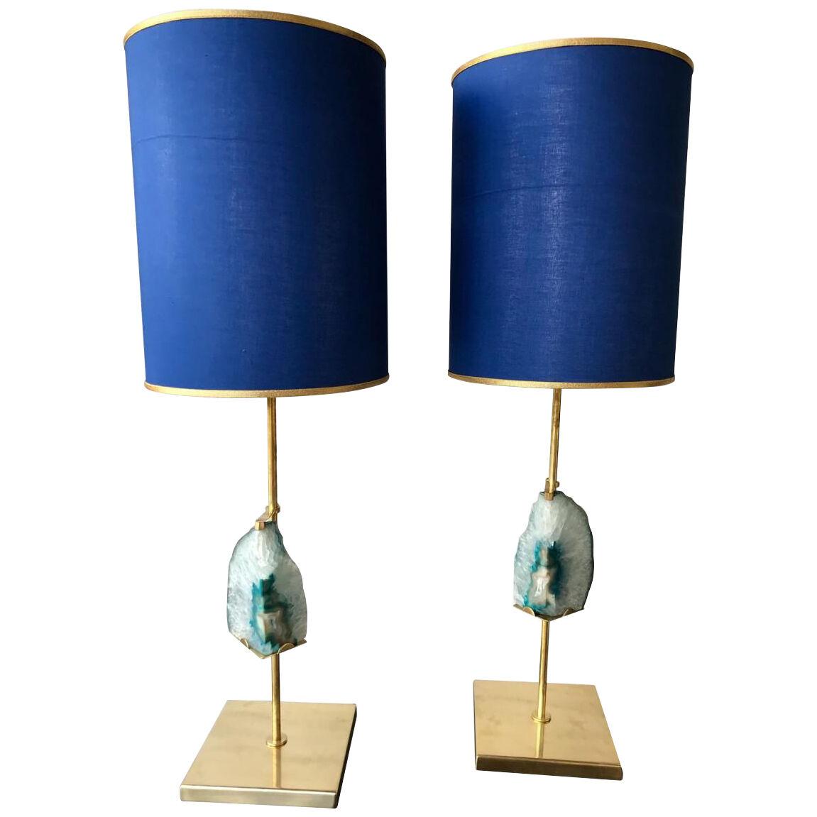Contemporary Pair of Brass Lamps Blue Agate Stone