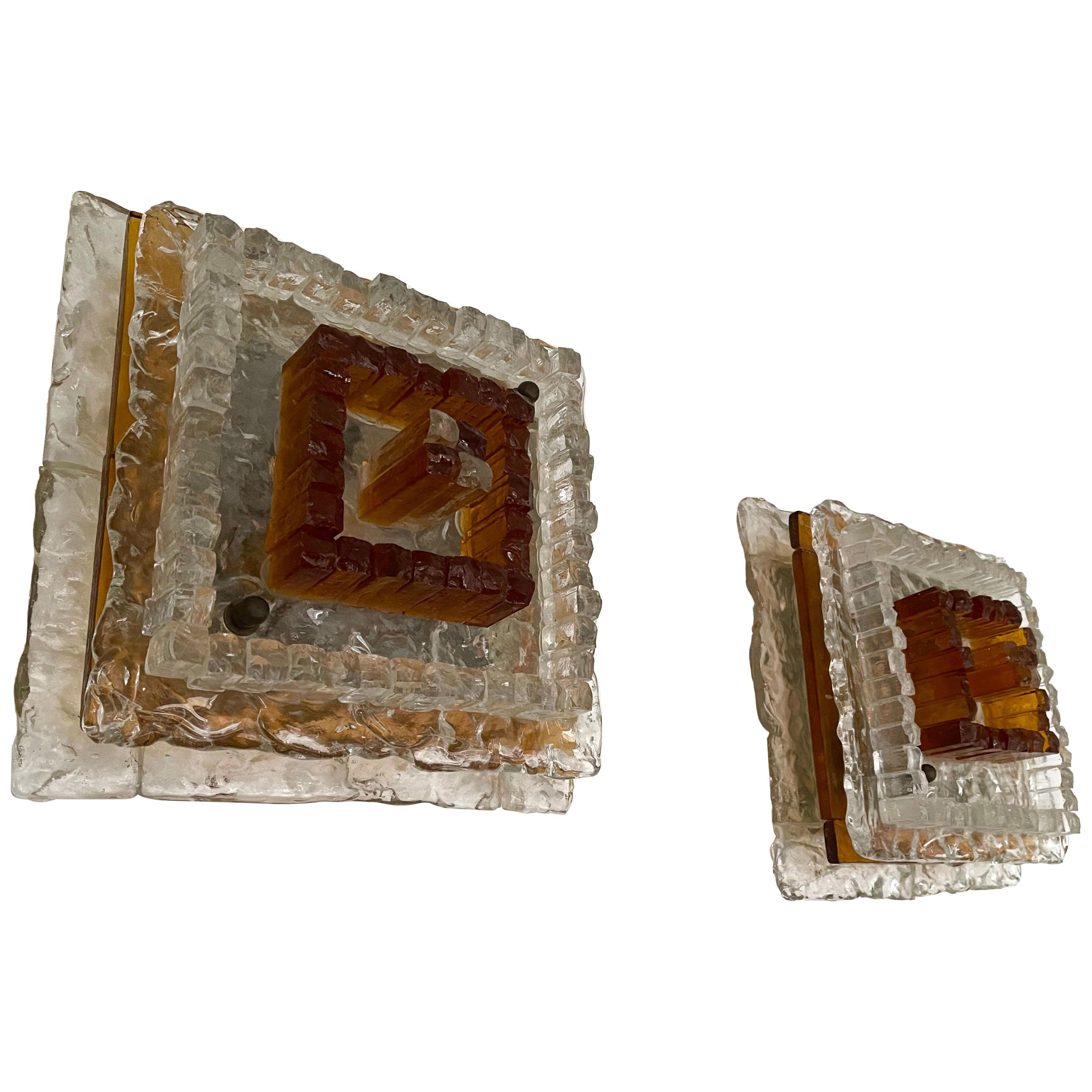 Pair of Glass Cube Pyramid Sconces by Poliarte, Italy, 1970s