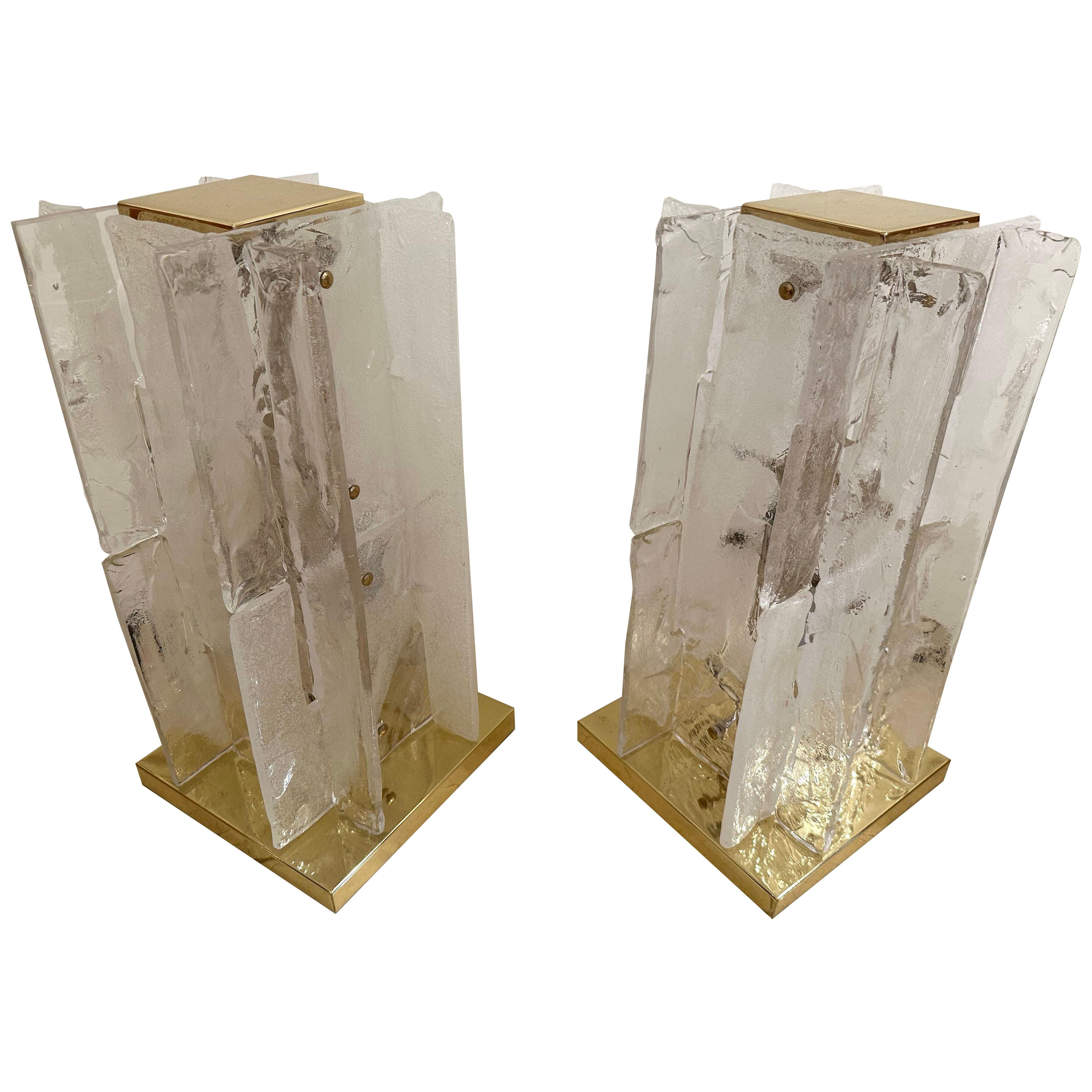 Pair of Brass and Murano Glass Lamps by Mazzega, Italy, 1970s