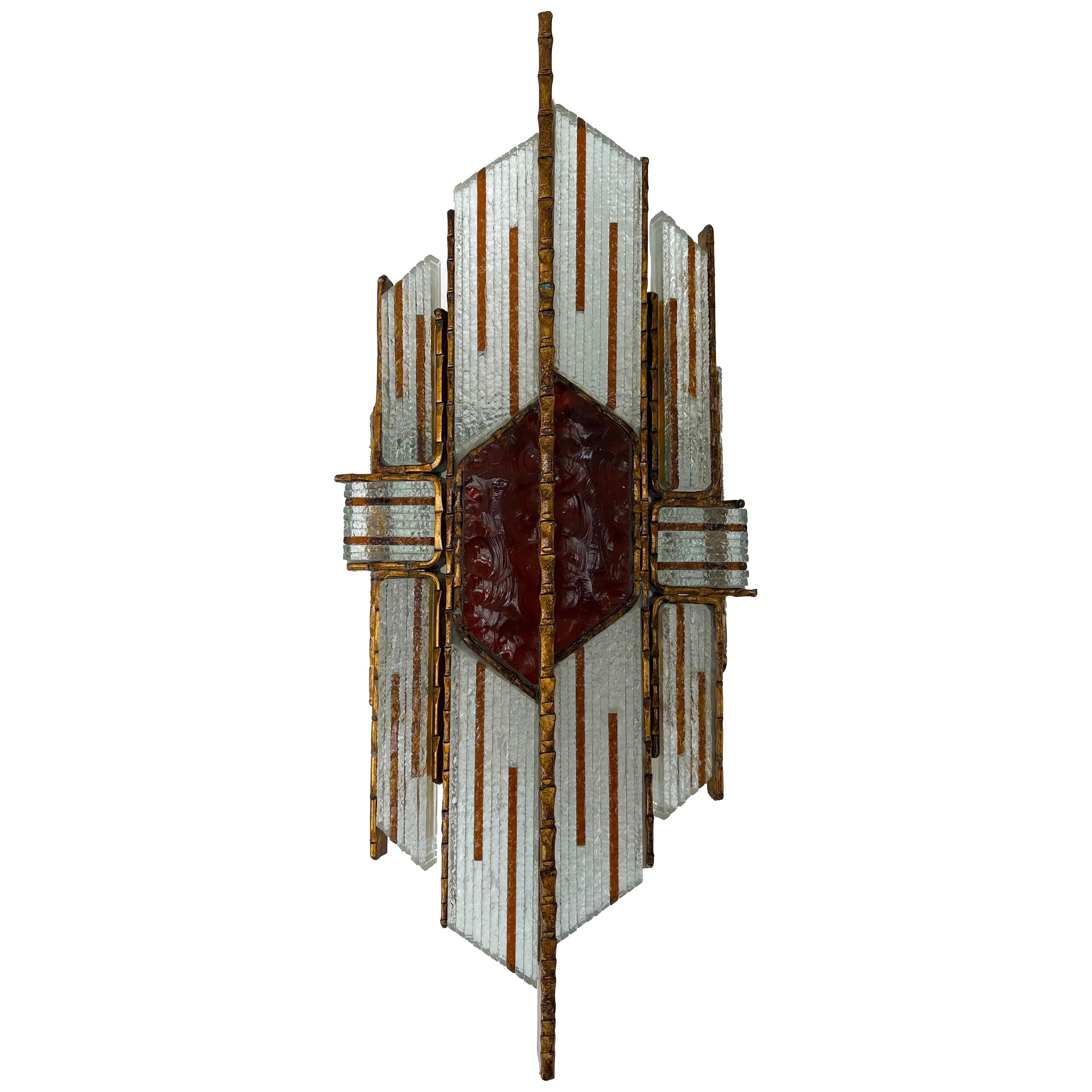 Hammered Glass Wrought Gilt Iron Sconce by Biancardi, Italy, 1970s