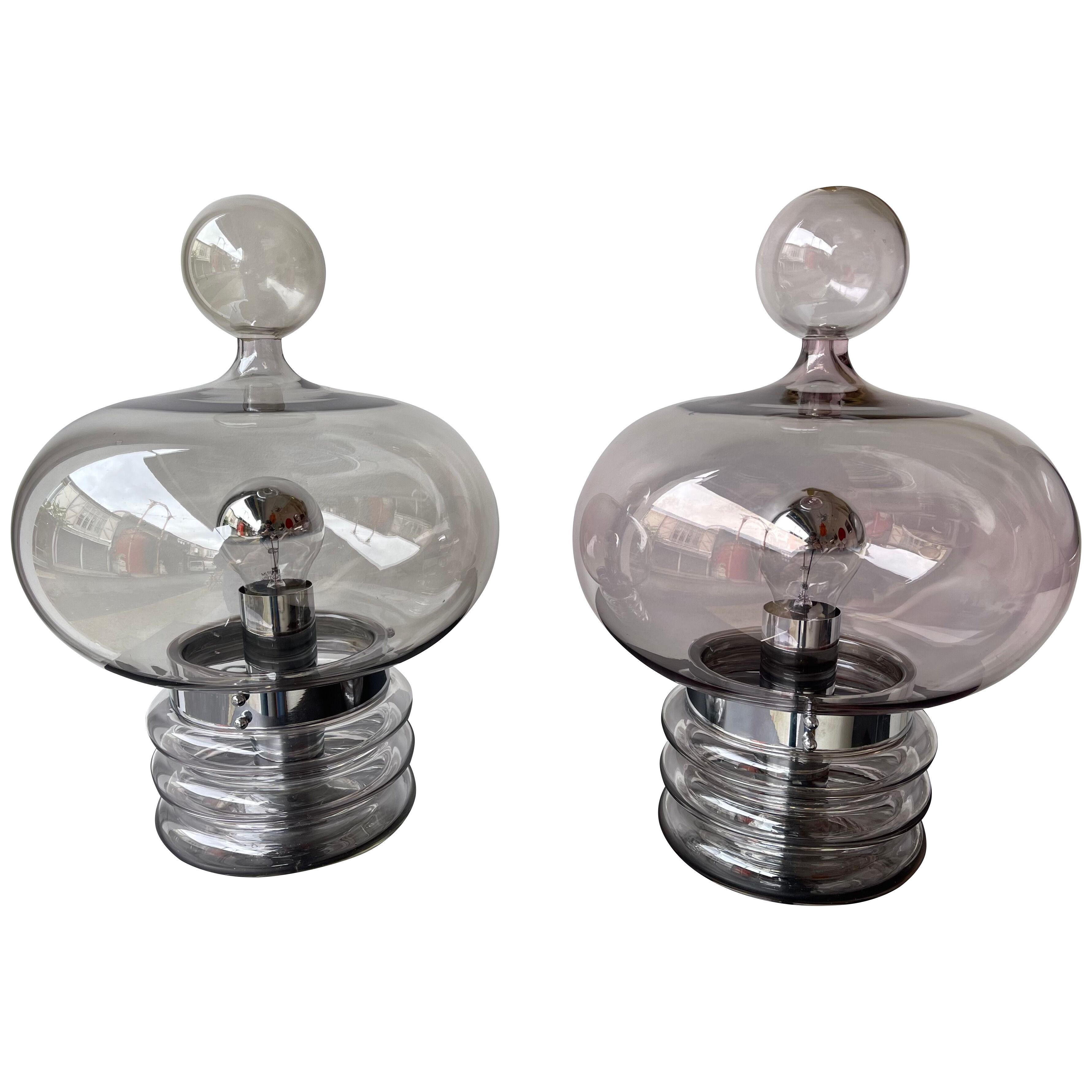 Pair of Gray Smoke Glass and Metal Lamps by Glashütte Limburg. Germany, 1970s