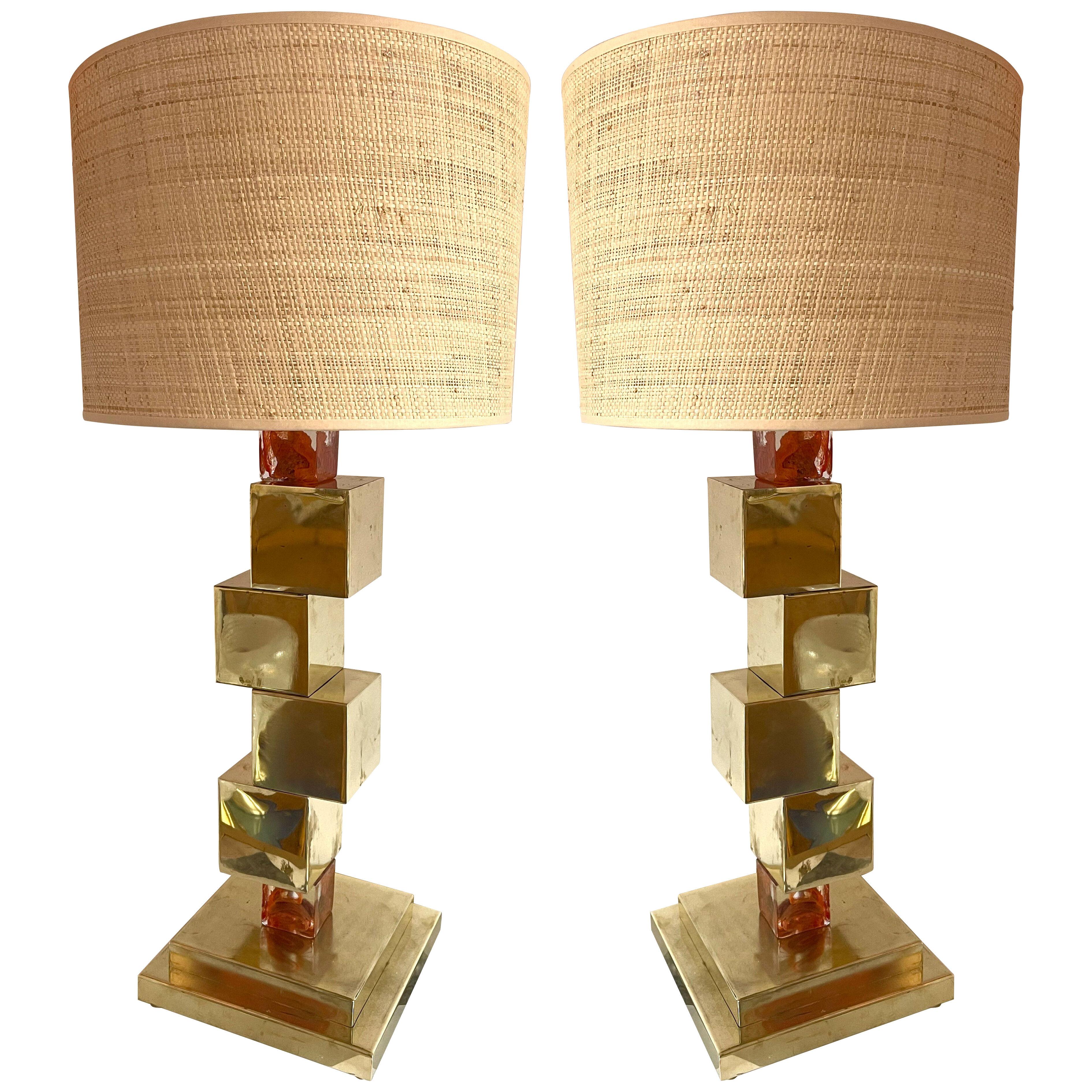 Contemporary Pair of Brass Cube Lamps and Murano Glass, Italy