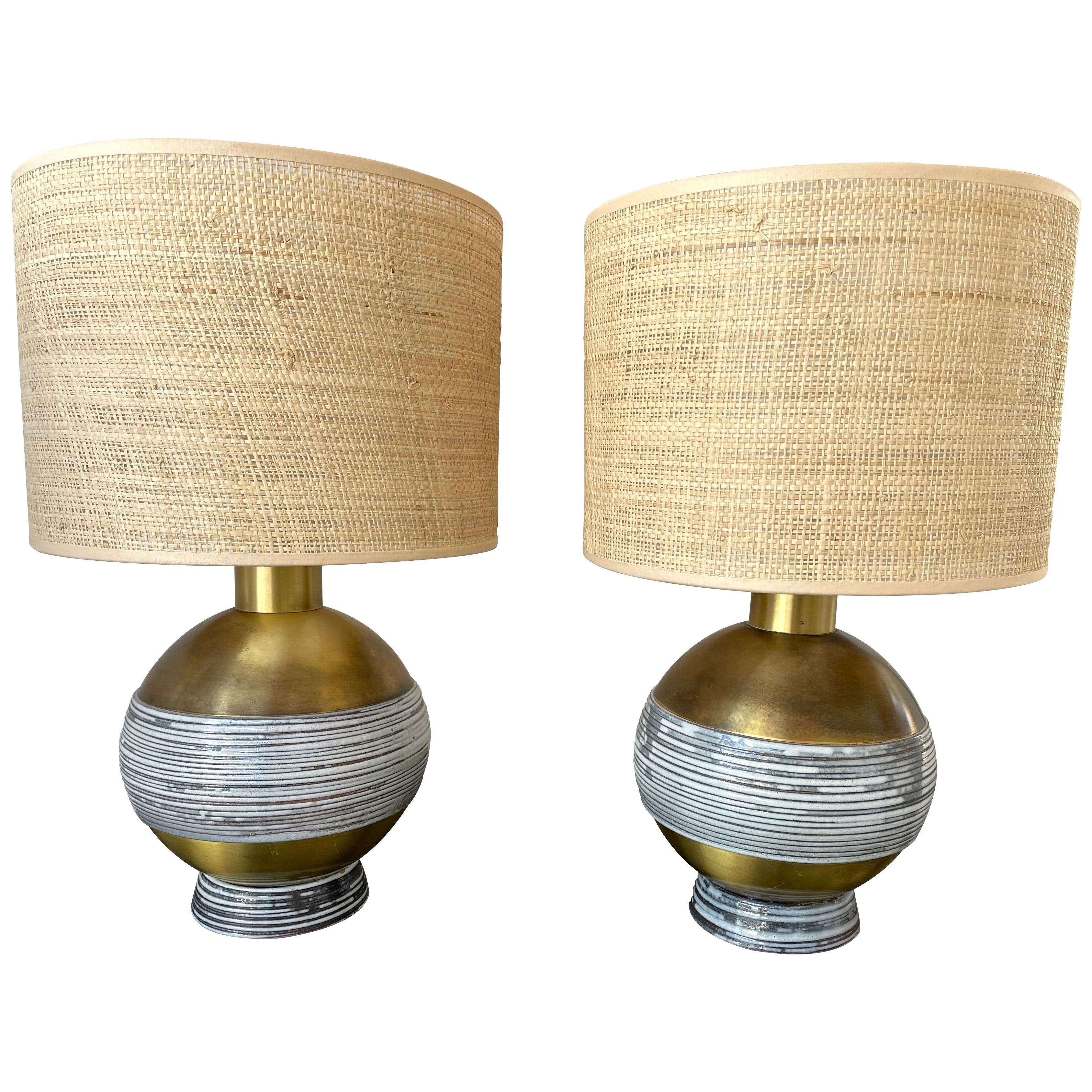 Pair of Brass and Ceramic Lamps. Italy, 1970s