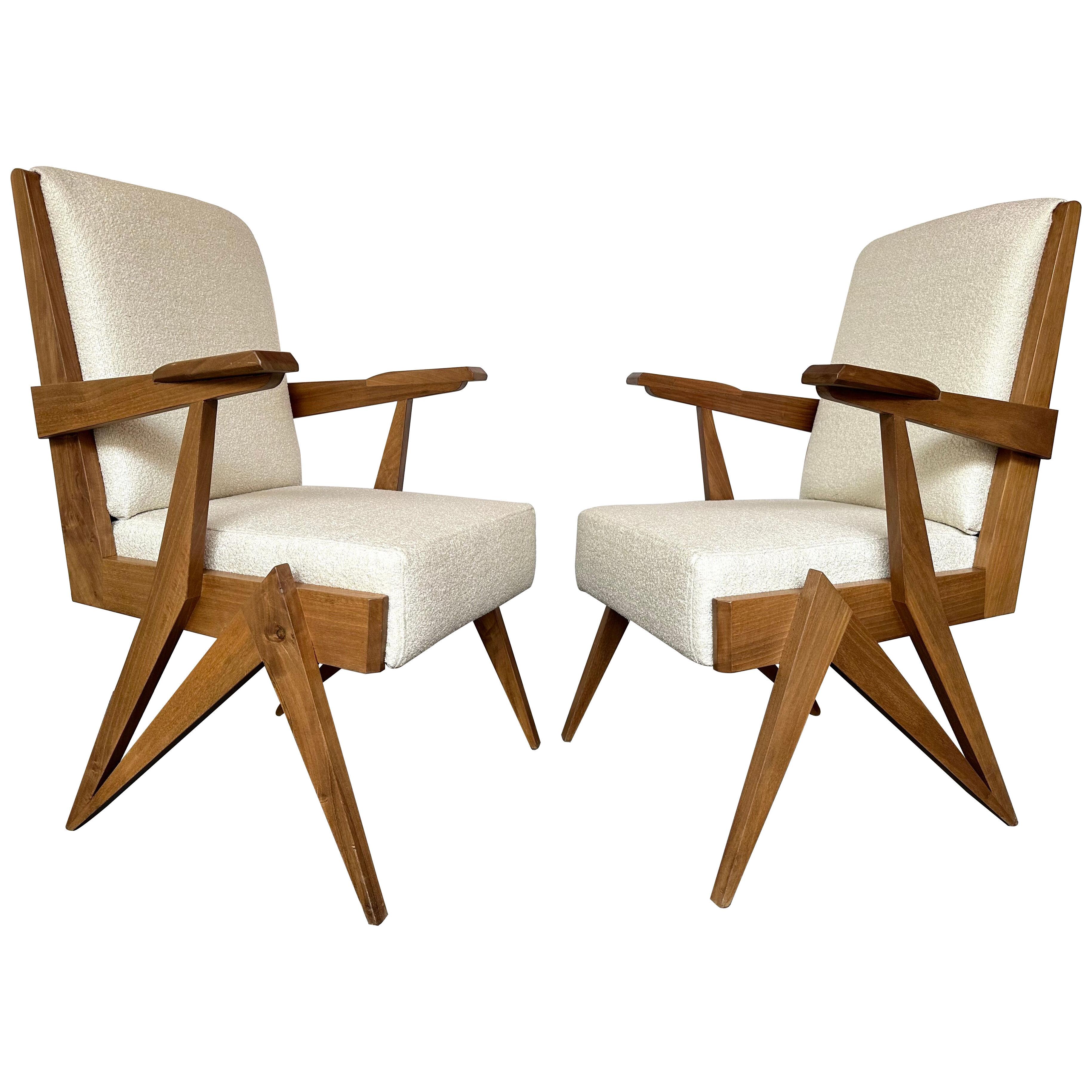 Pair of Compass Wood Armchairs, Italy, 1960s