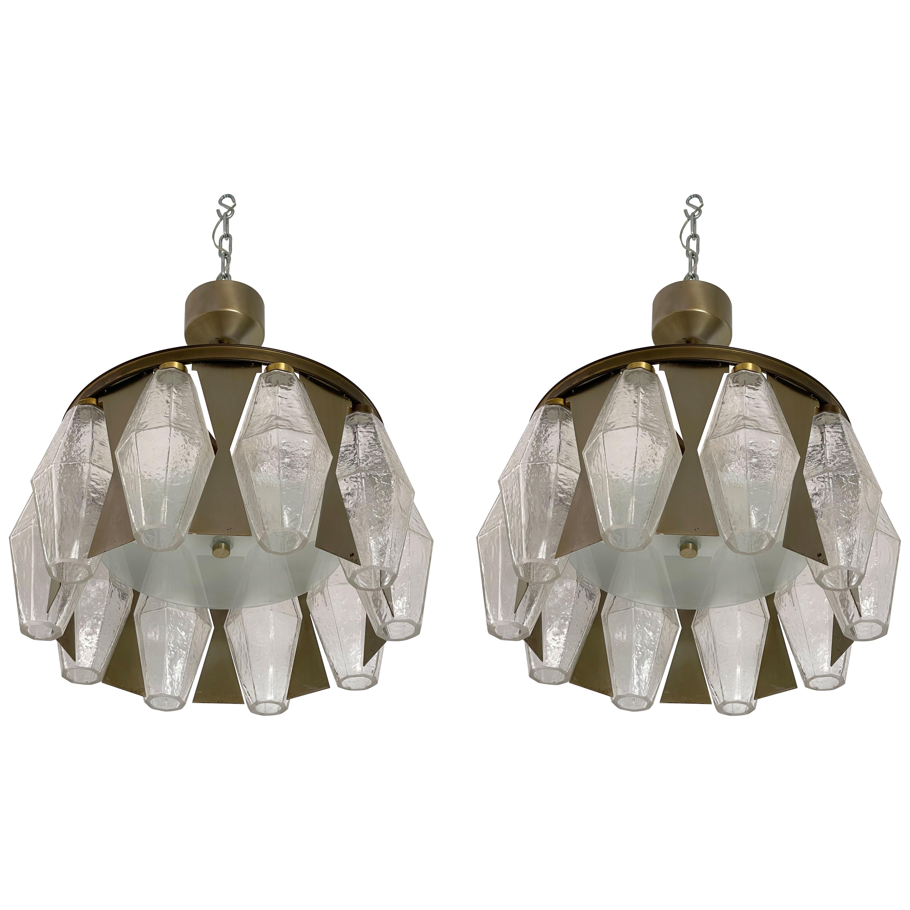Pair of Metal Brass Murano Glass Pendant Lights by Aureliano Toso. Italy, 1960s