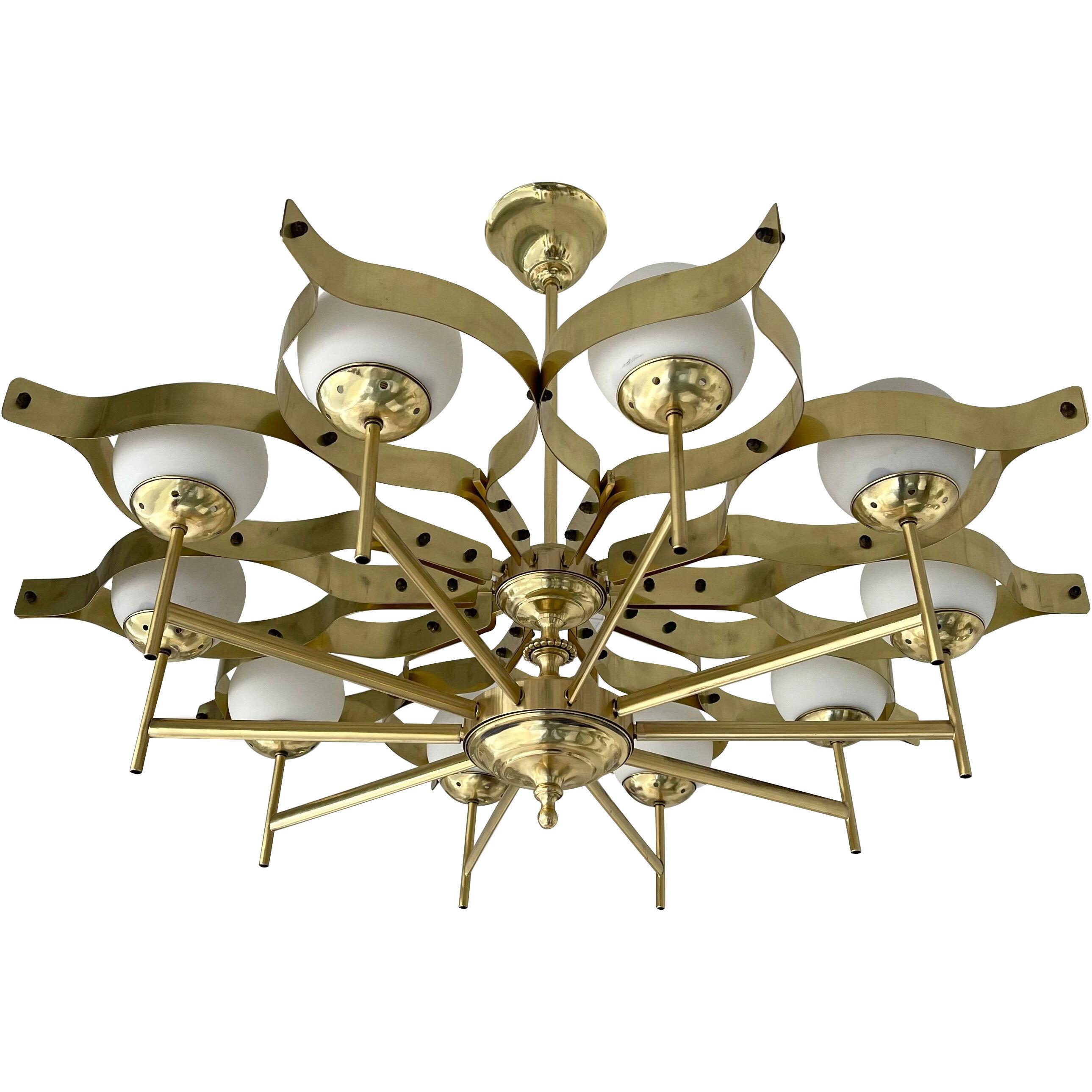 Mid-Century Brass and Opaline Glass Chandelier. Italy, 1960s