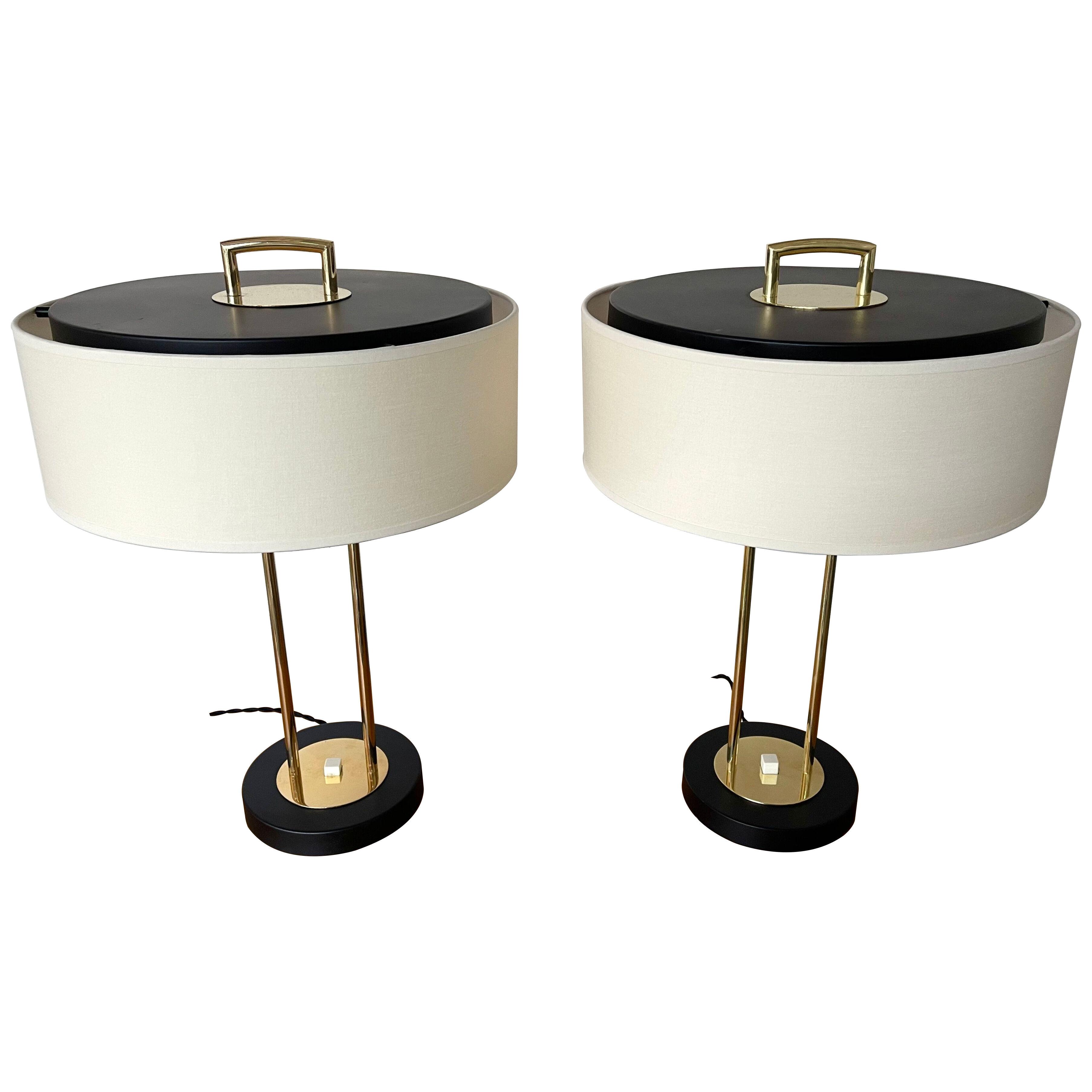Pair of Brass and Black Painted Metal Lamps President by Arlus. France, 1950s