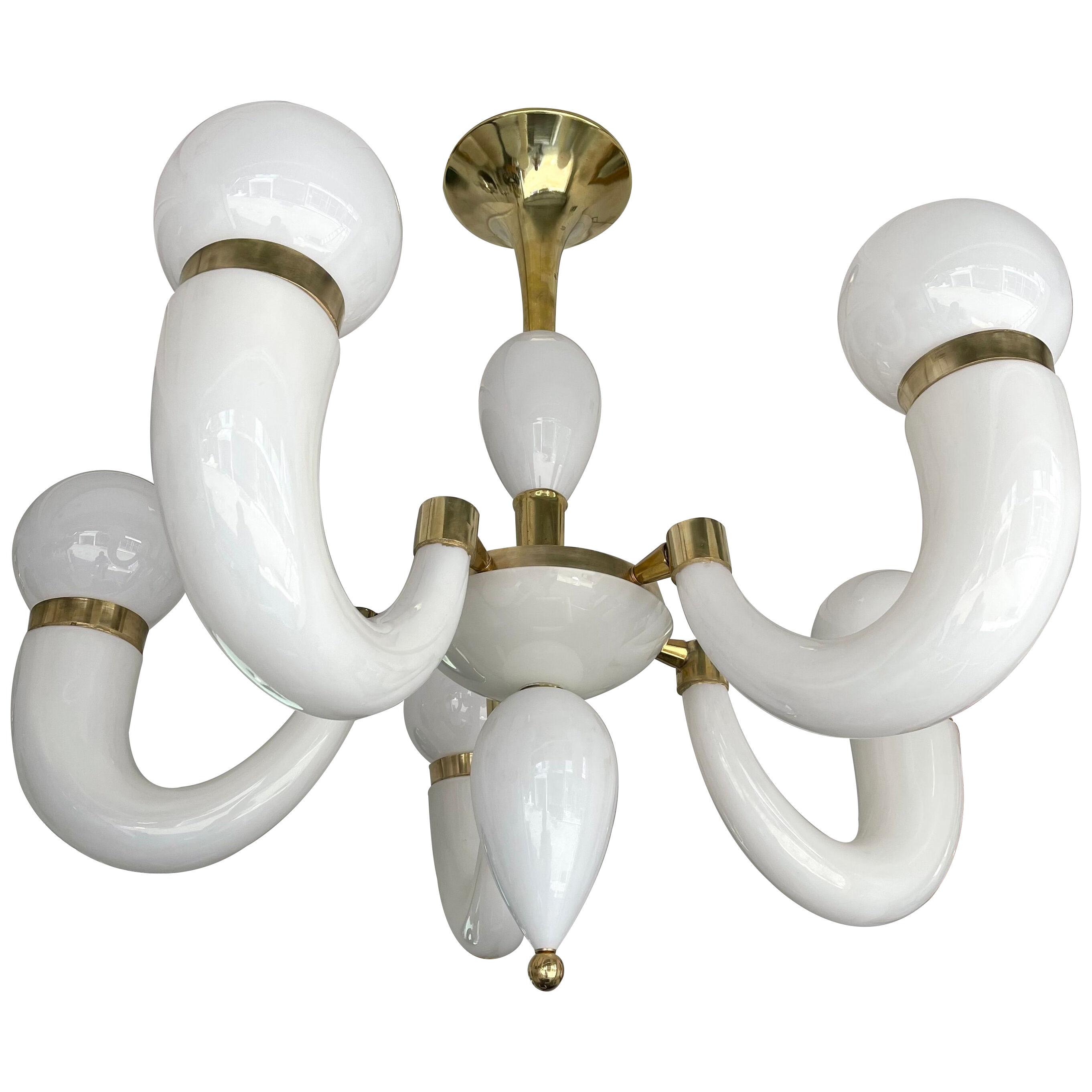 Large Contemporary Brass Chandelier White Horn Murano Glass, Italy