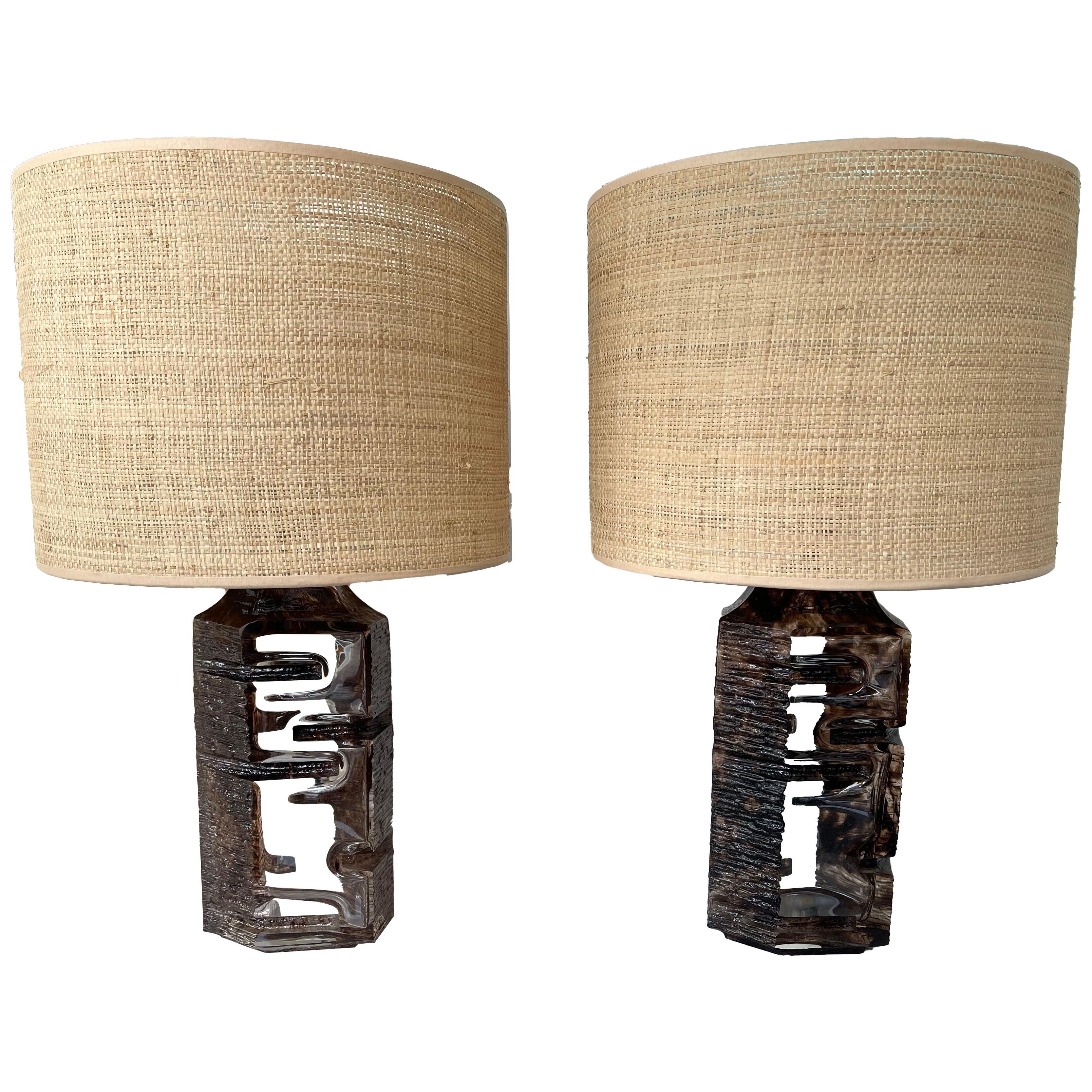 Pair of Tan Crystal Argos Lamps by César for Daum. France, 1970s