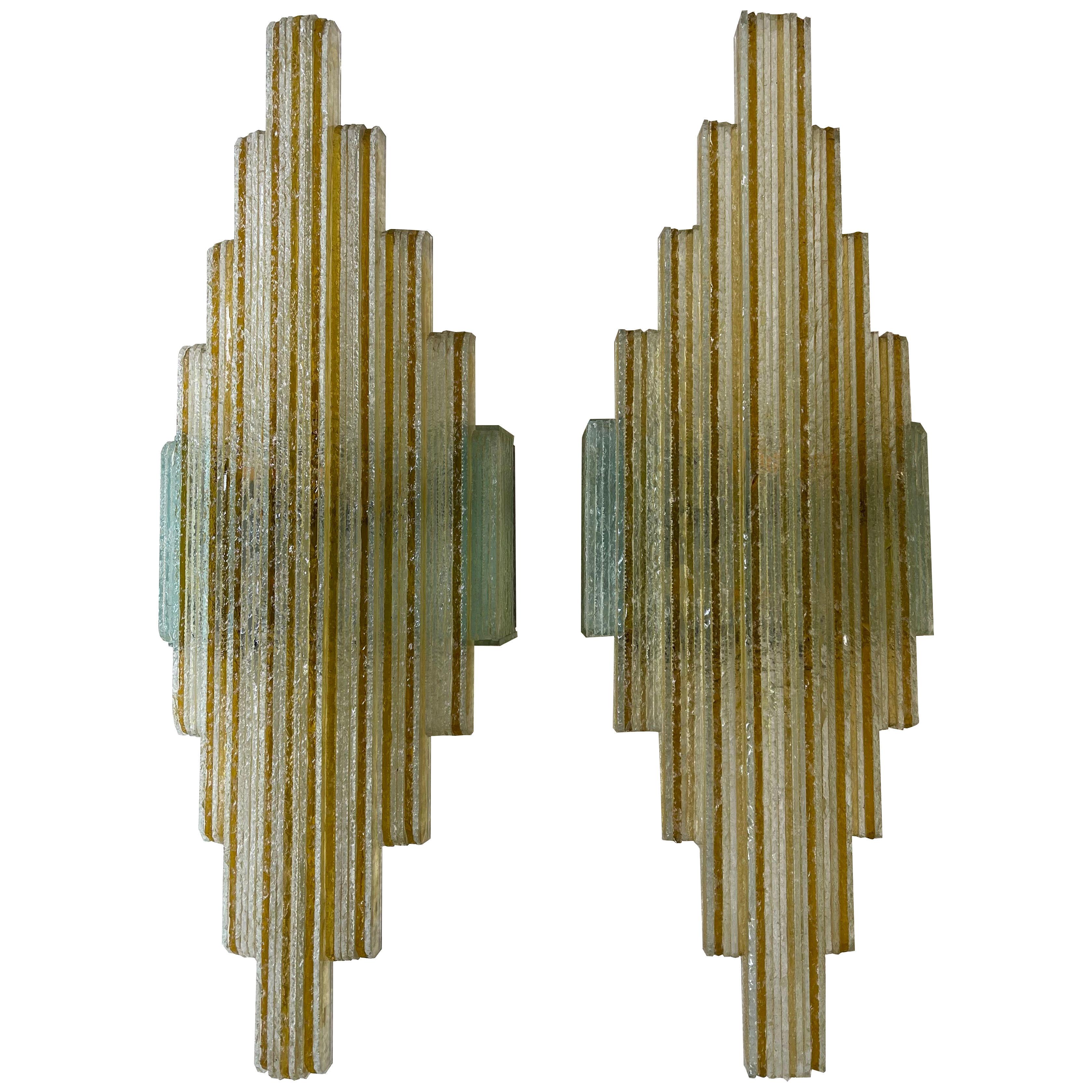 Pair of Hammered Yellow Glass Sconces by Poliarte, Italy, 1970s