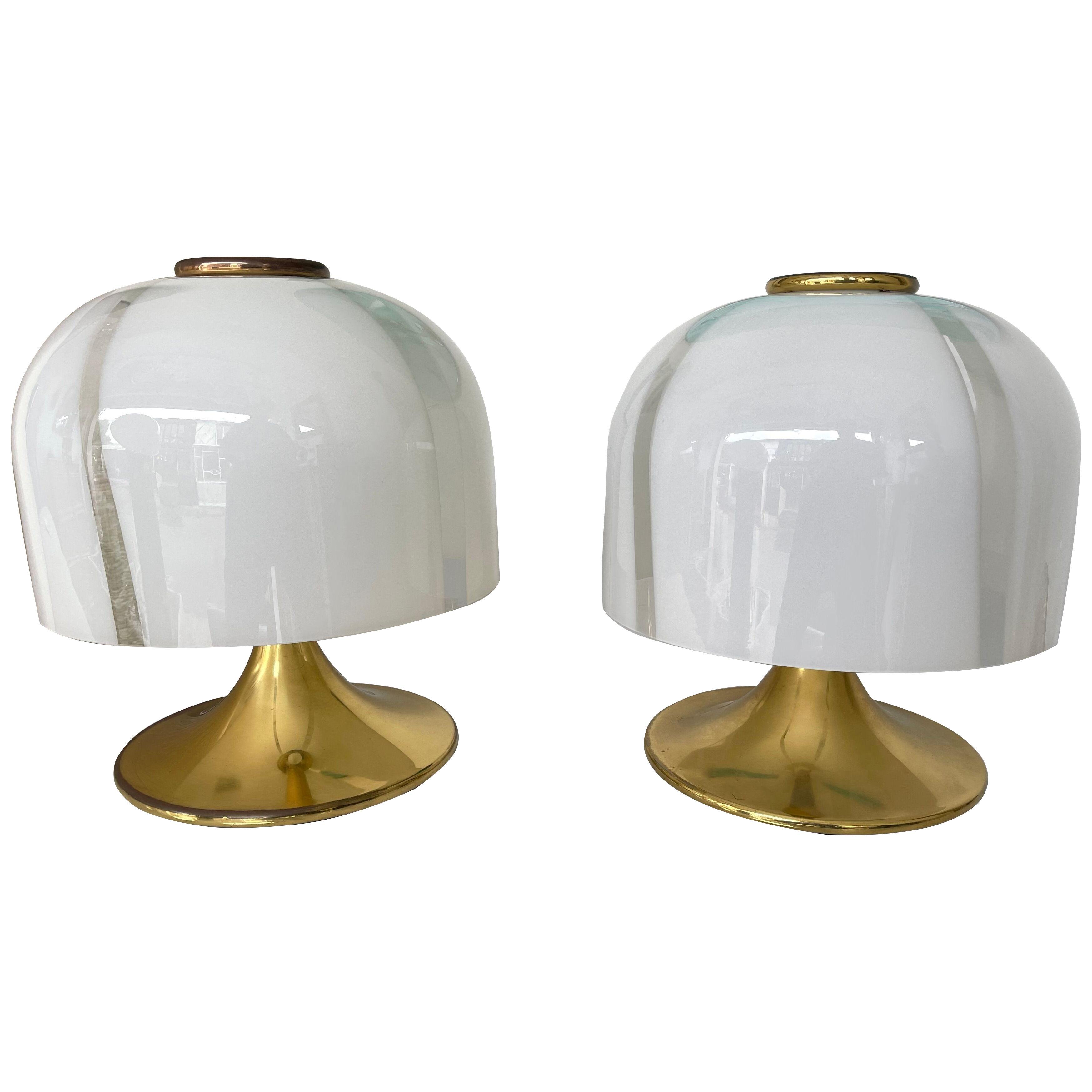 Pair of Mushroom Lamps Brass and Murano Glass by F. Fabbian, Italy, 1970s