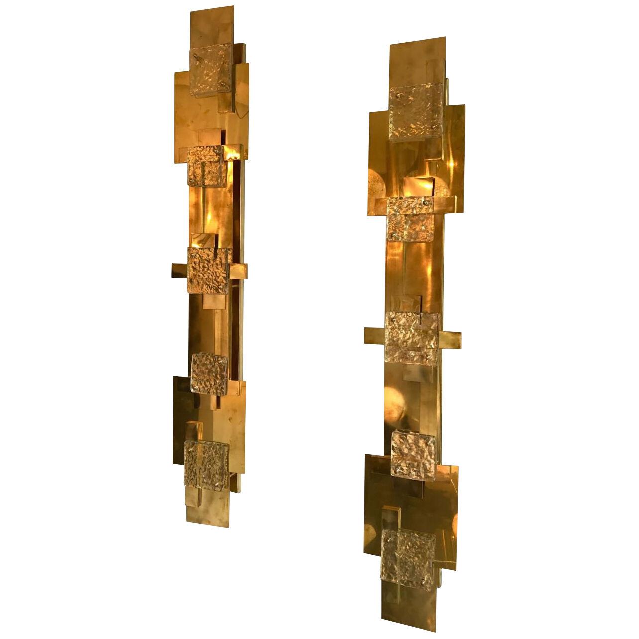 Contemporary Pair of Sconces Geometrical Brass Murano Glass, Italy