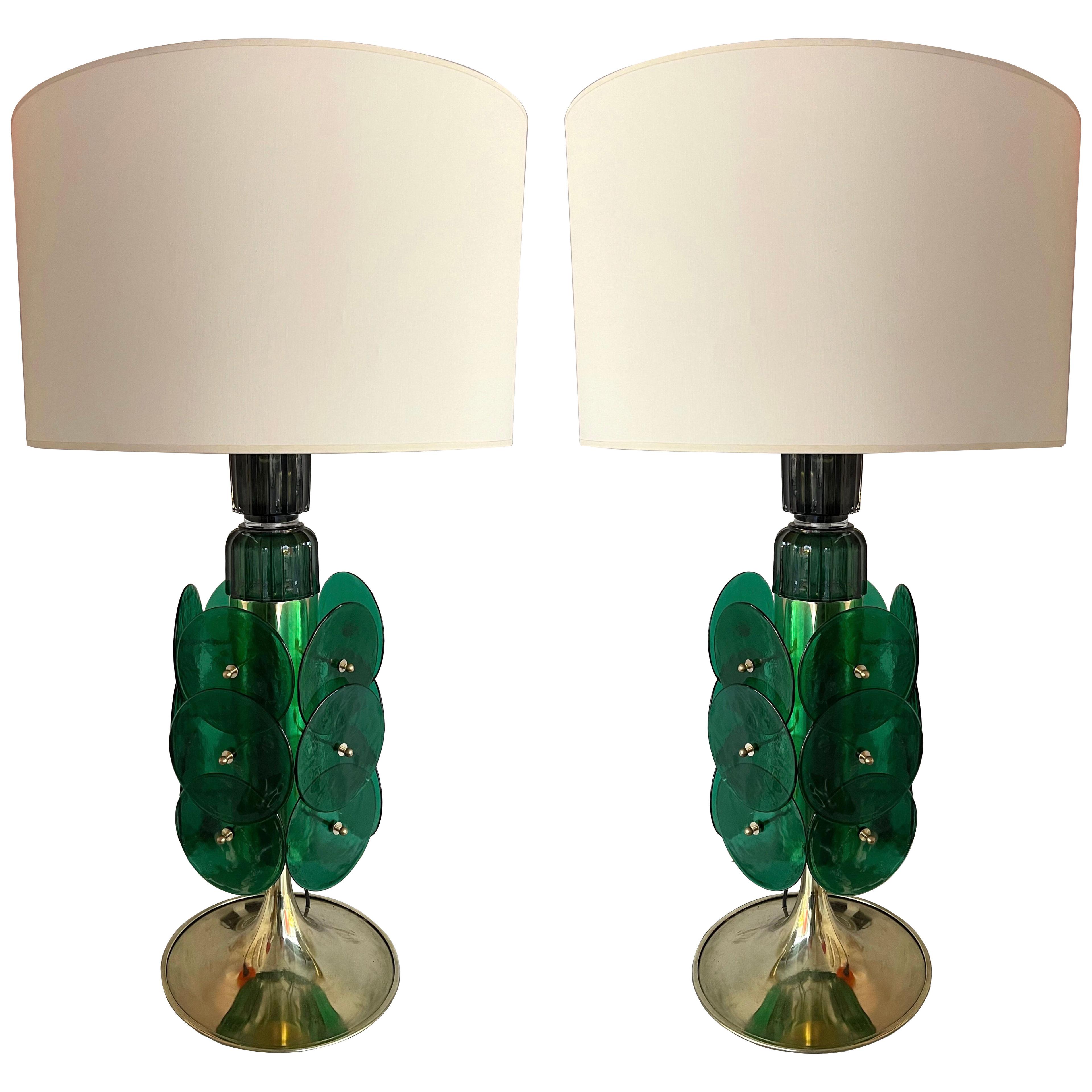 Contemporary Pair of Brass Murano Glass Disc Green Lamps, Italy