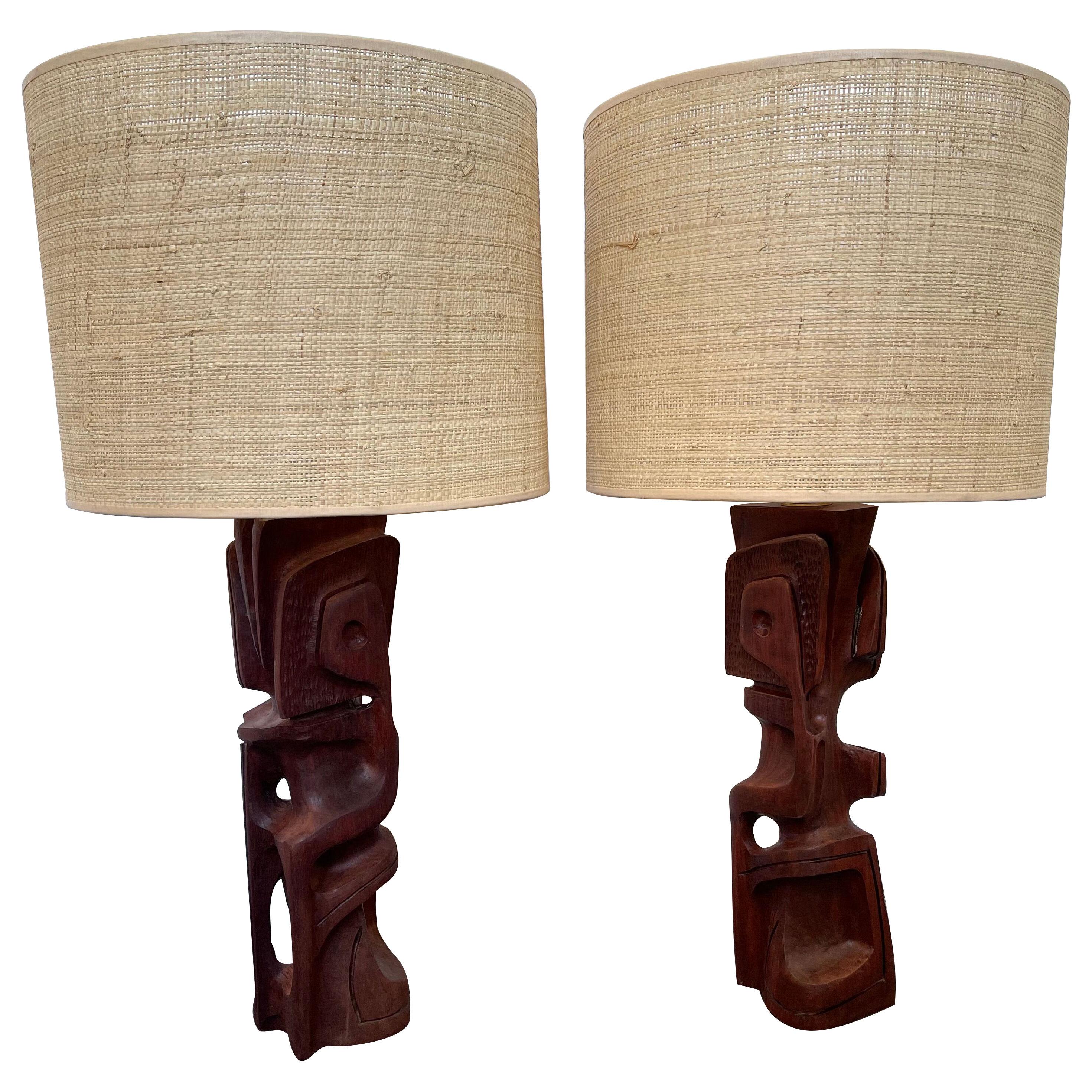 Pair of Wood Sculpture Lamps by Gianni Pinna. Italy, 1970s