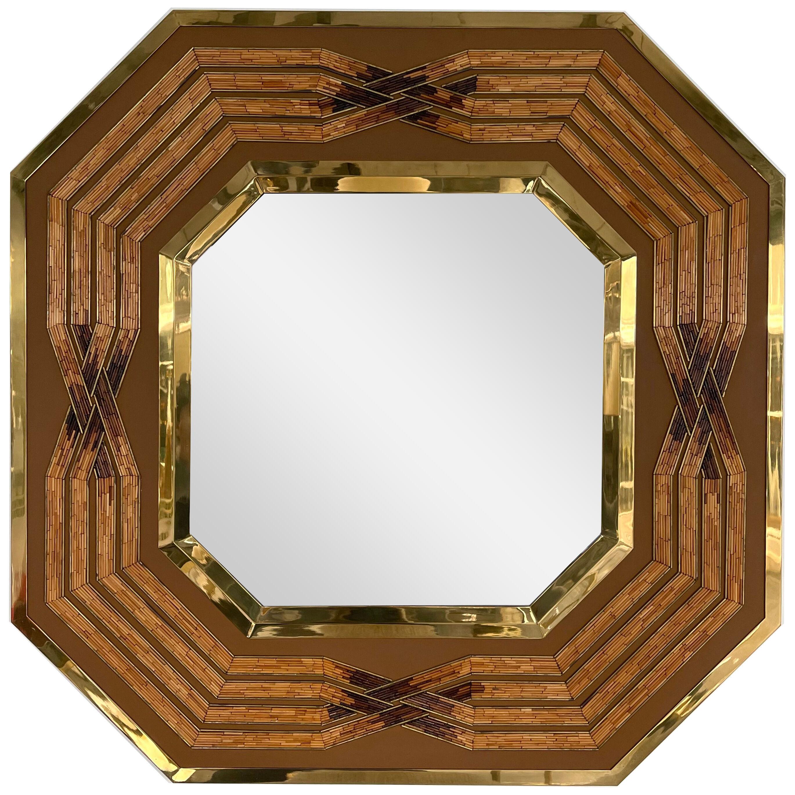 Brass Mirror Lacquered and Rattan. Italy, 1970s