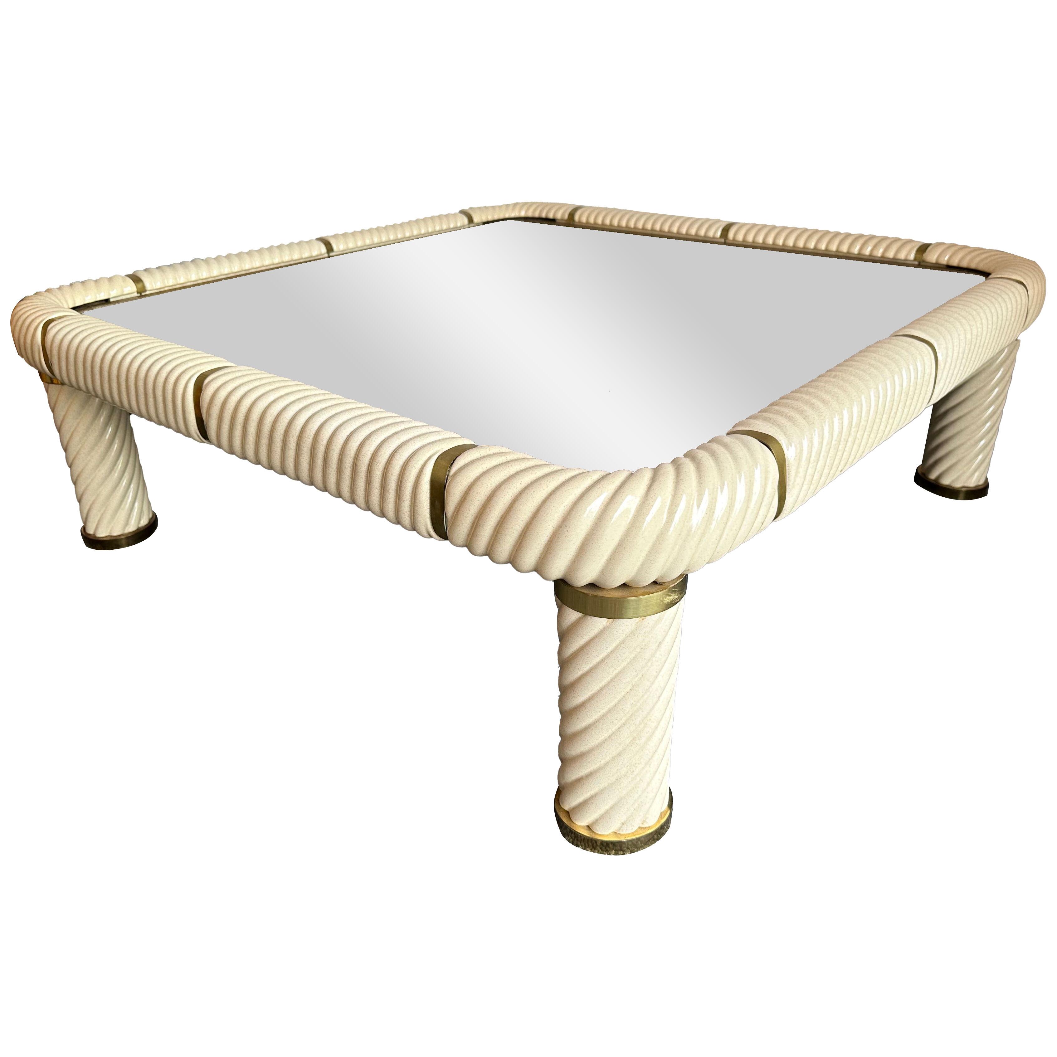 Mid-Century Coffee Table Porcelain Ceramic Brass by Tommaso Barbi, Italy, 1970s