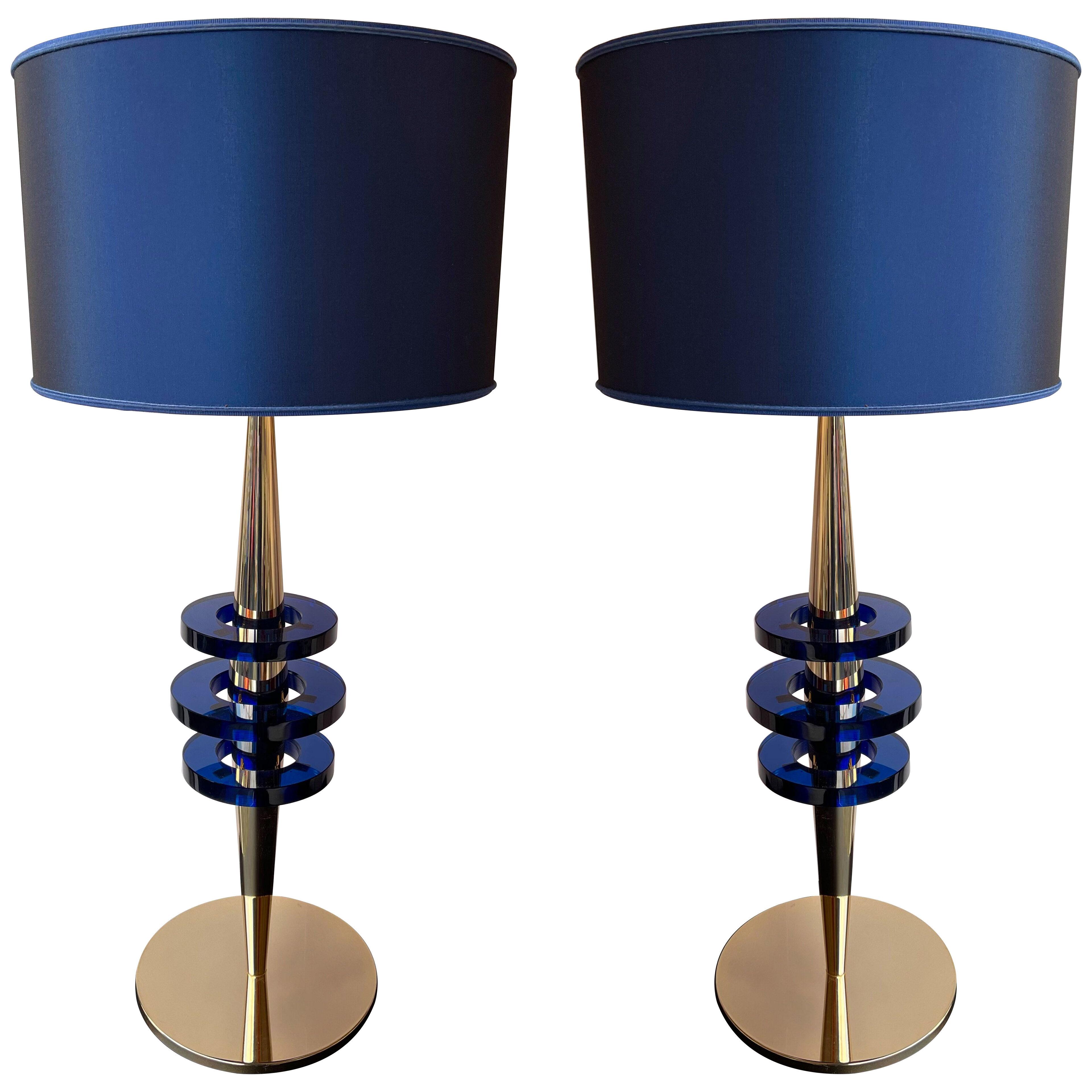 Contemporary Pair of Brass and Blue Murano Glass Disc Lamps, Italy