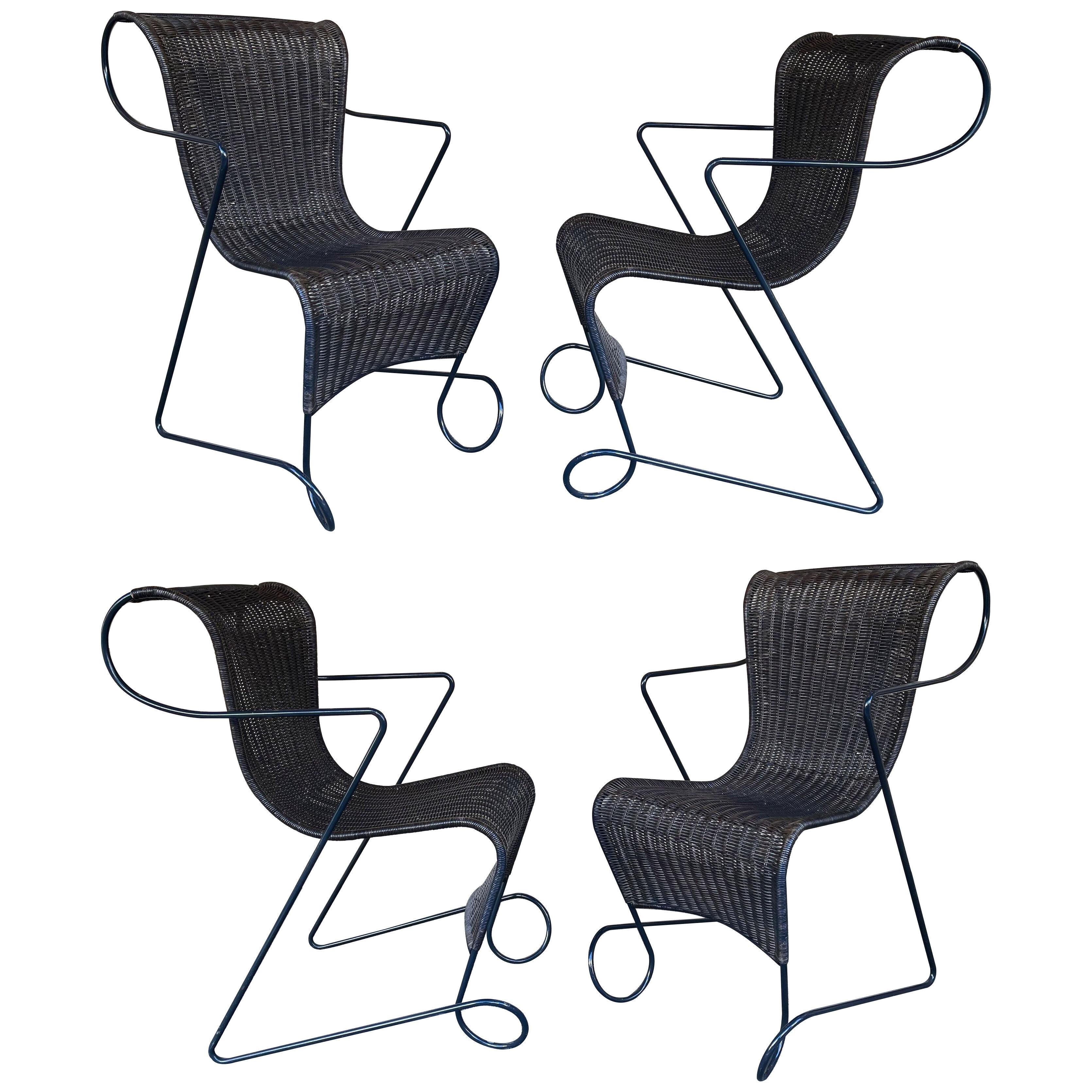 Set of 4 Chairs Zigo Metal Rattan by Ron Arad for Driade. Italy, 1990s