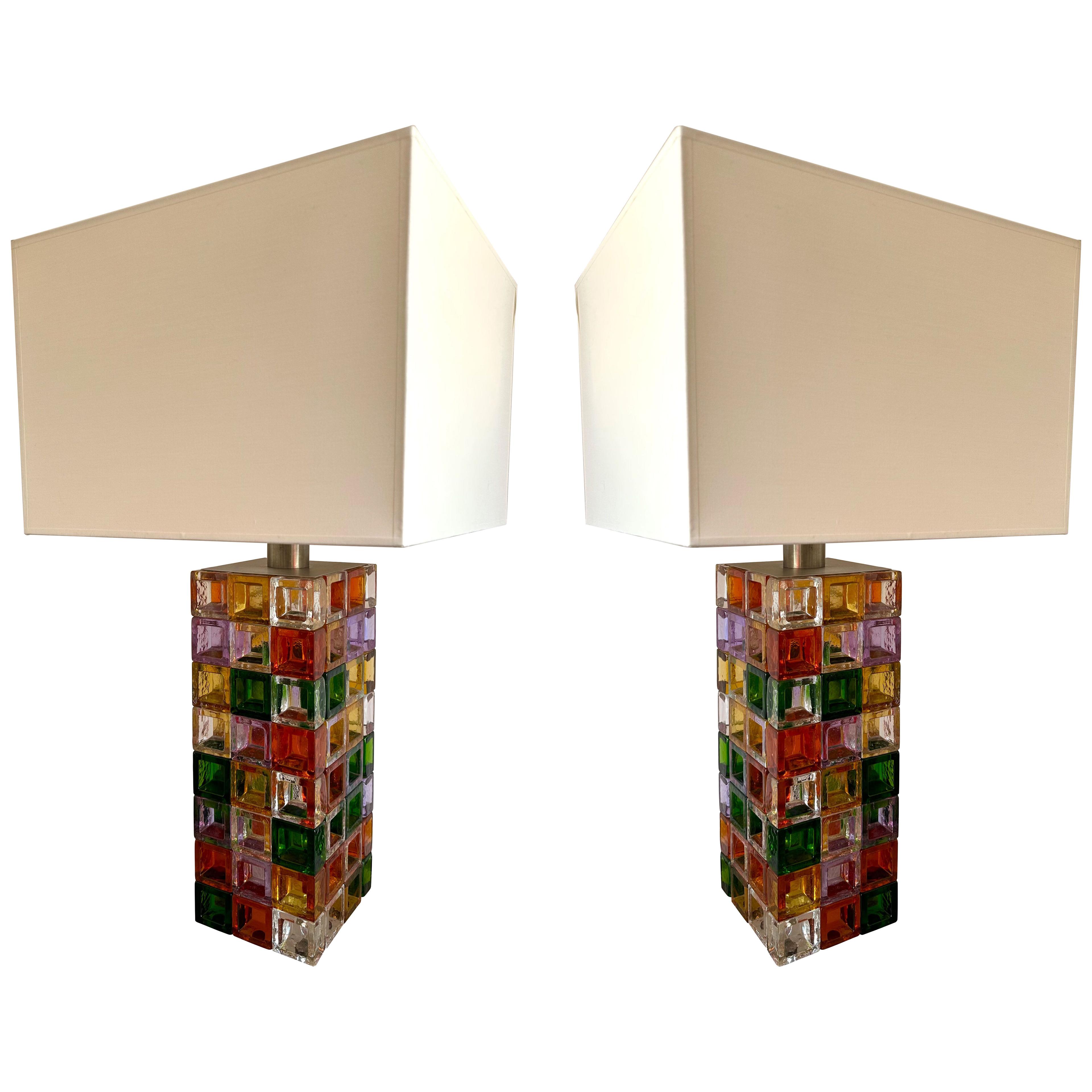 Pair of Multicolor Glass Cube Lamps by Poliarte, Italy, 1970s