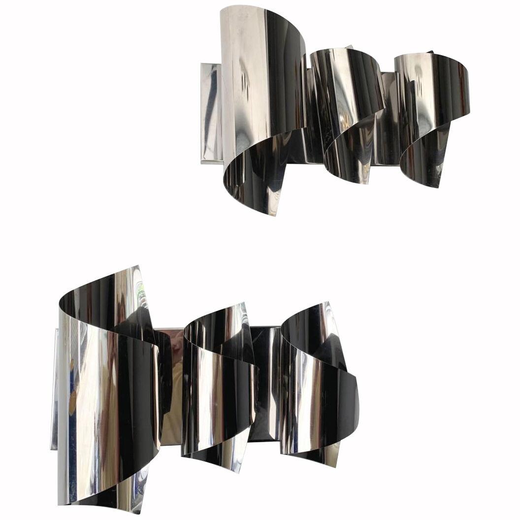 Pair of Spiral Metal Chrome Sconces by Reggiani. Italy, 1970s