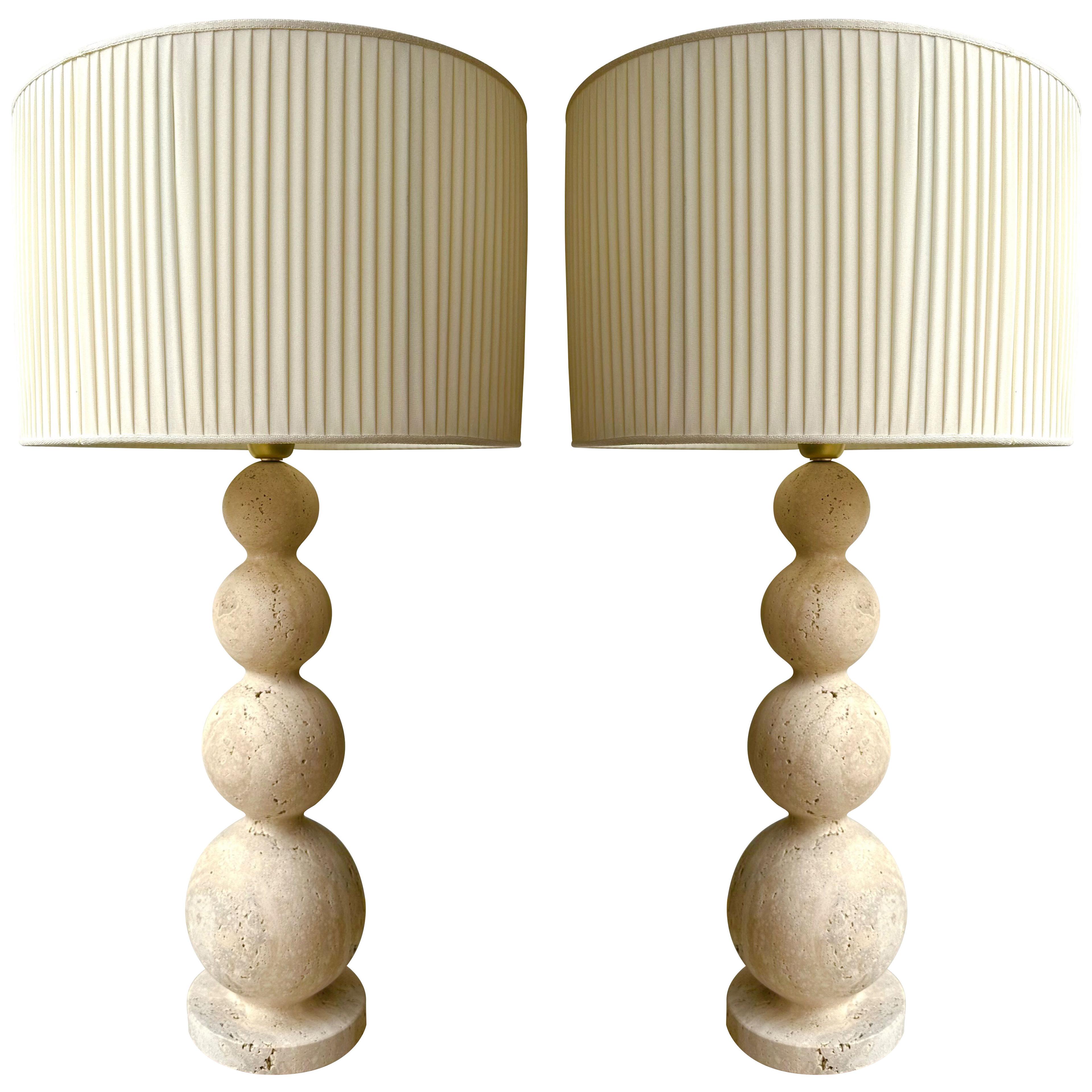 Pair of Travertine Ball Lamps