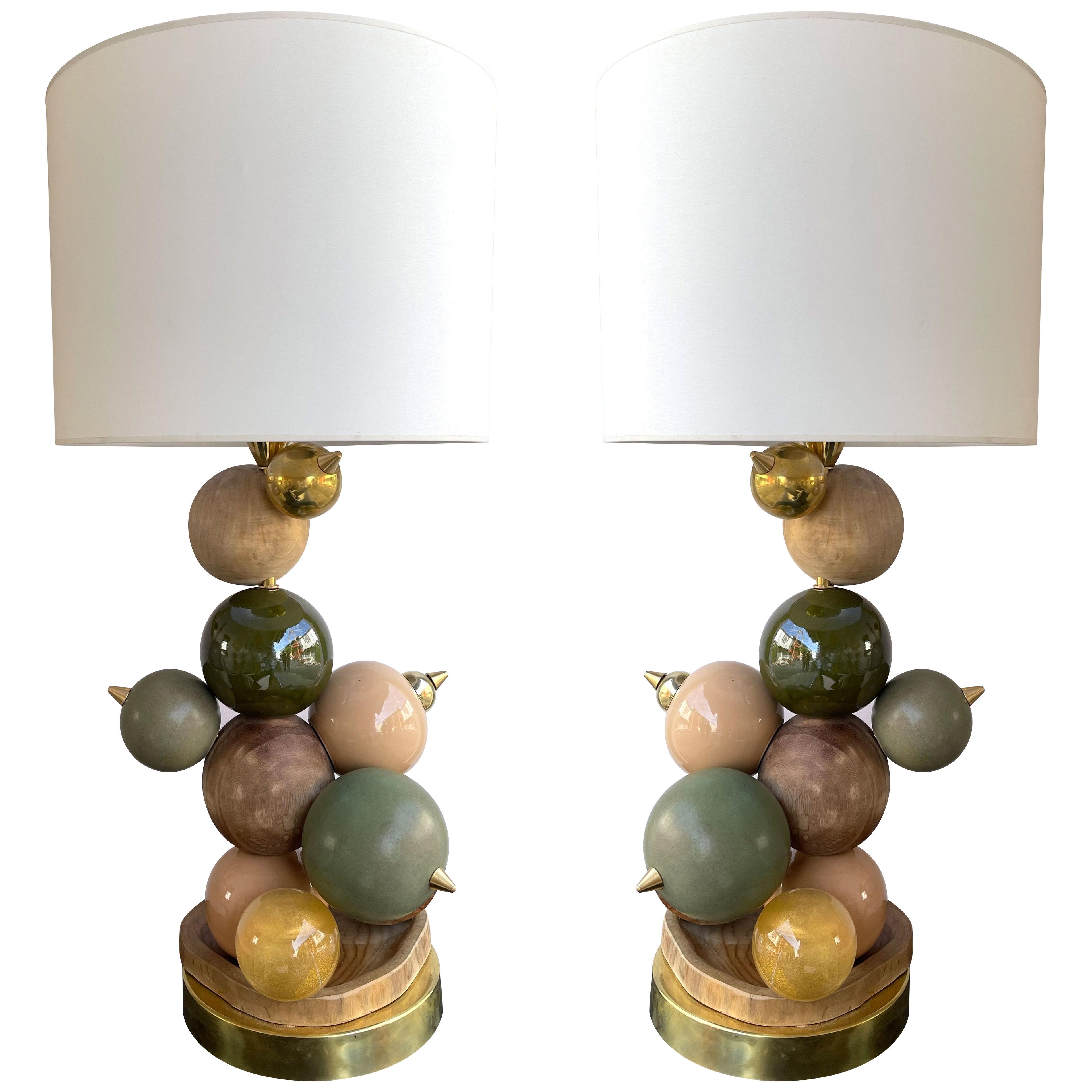 Contemporary Pair of Brass Murano Glass Wood and Ceramic Atomo Lamps, Italy