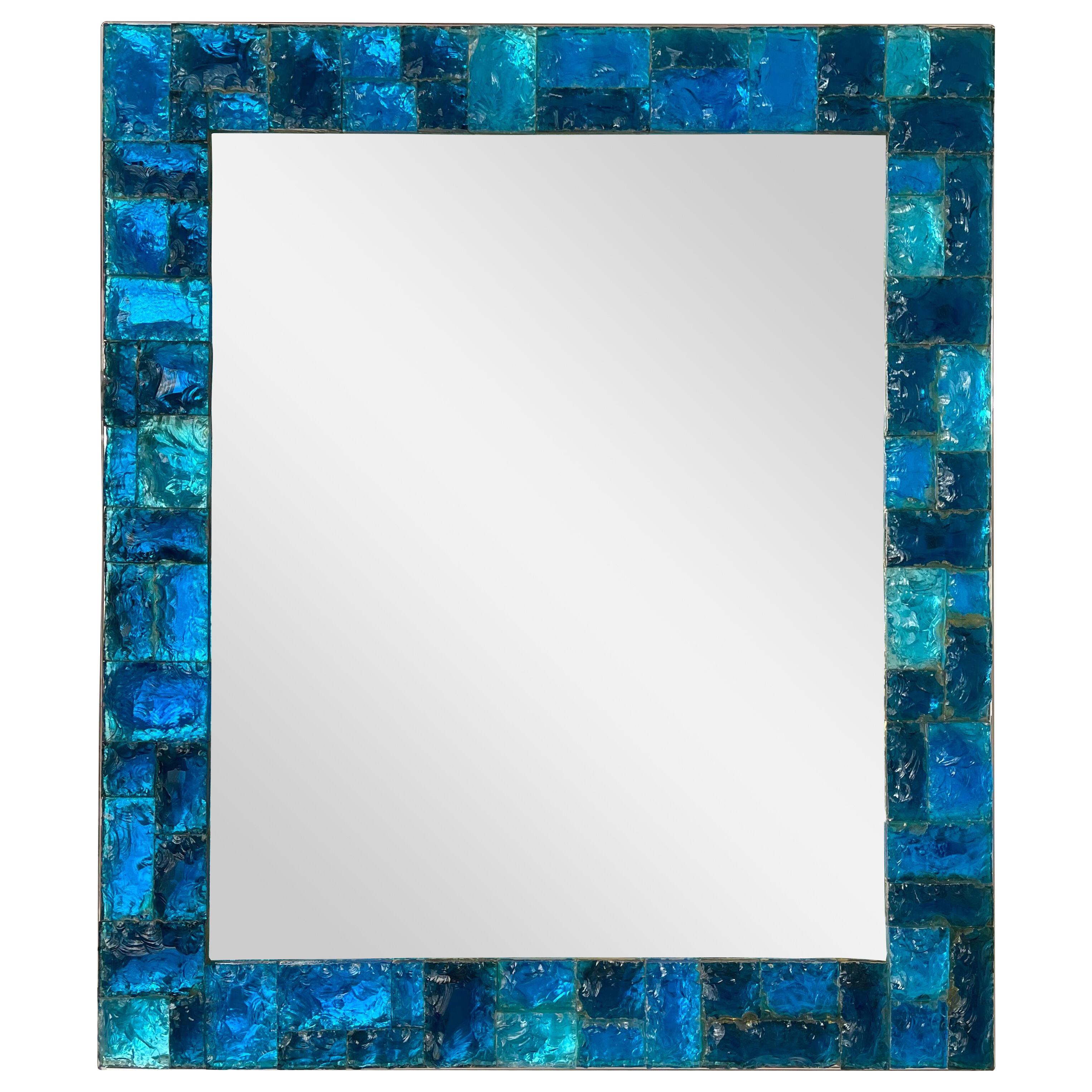 Blue Hammered Glass Mirror by Biancardi, Italy, 1970s