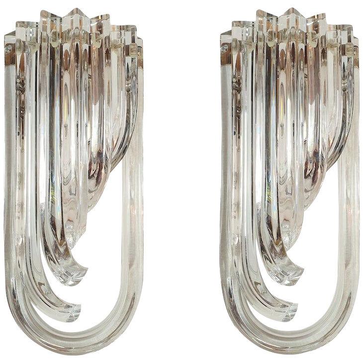 Vintage Modern pair of Triedri Clear Murano Glass Sconces, by Venini Italy