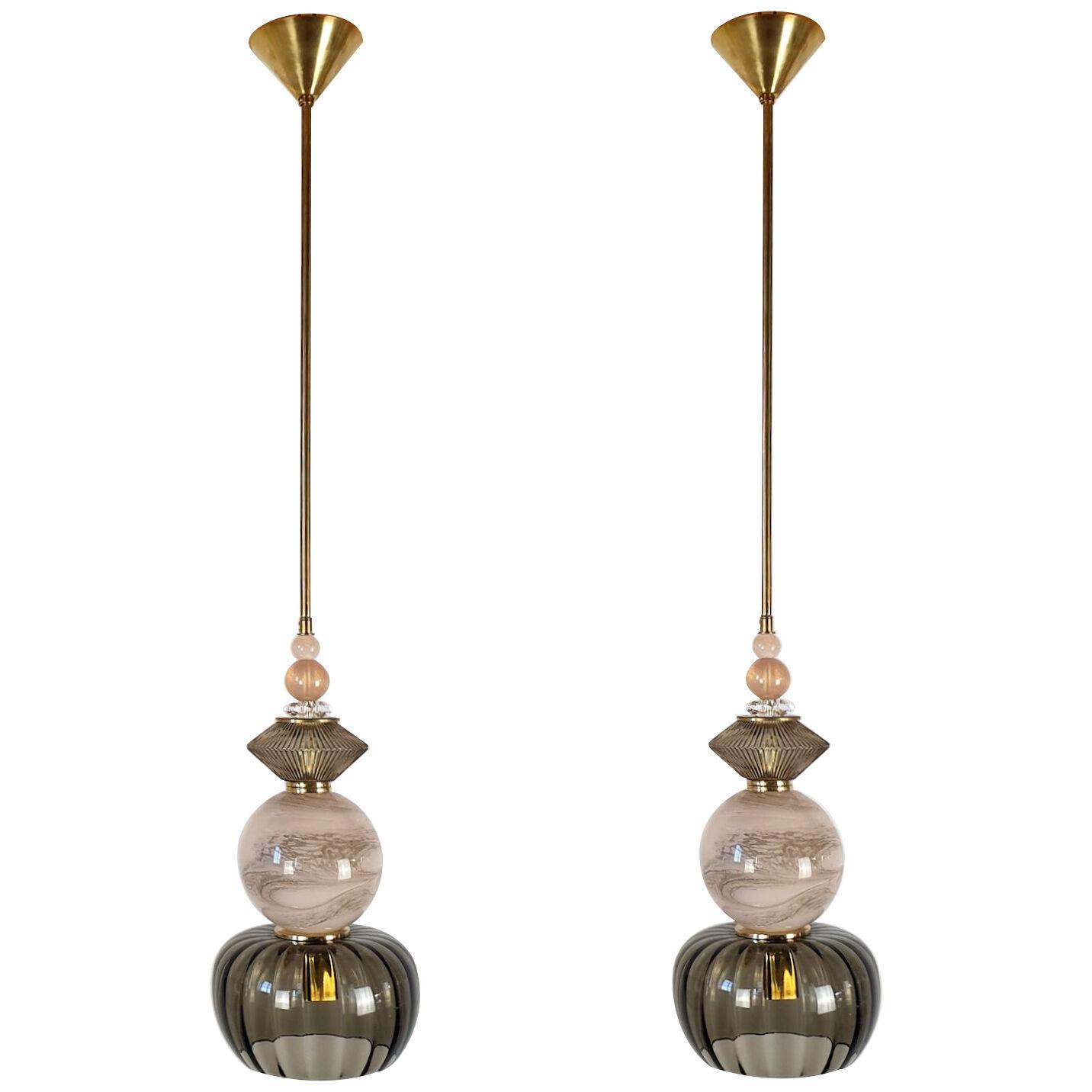 Modern pink & gray/brown Murano & brass pendant lights, Italy 
