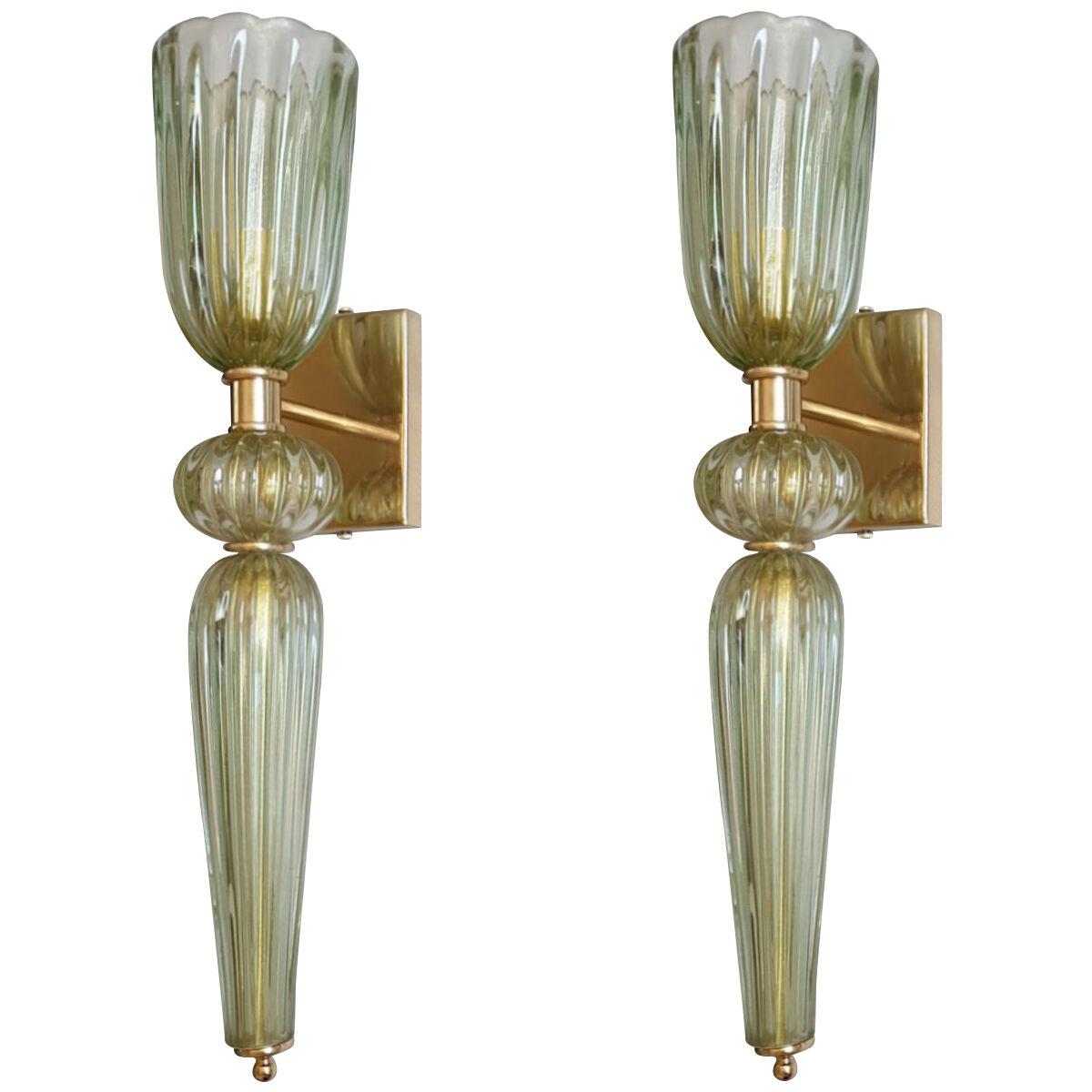 Mid Century Light Green Murano Glass Sconces Barovier style - set of four