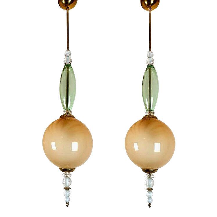 Italian Mid Century beige & green Murano glass pendant chandeliers Cenedese styl