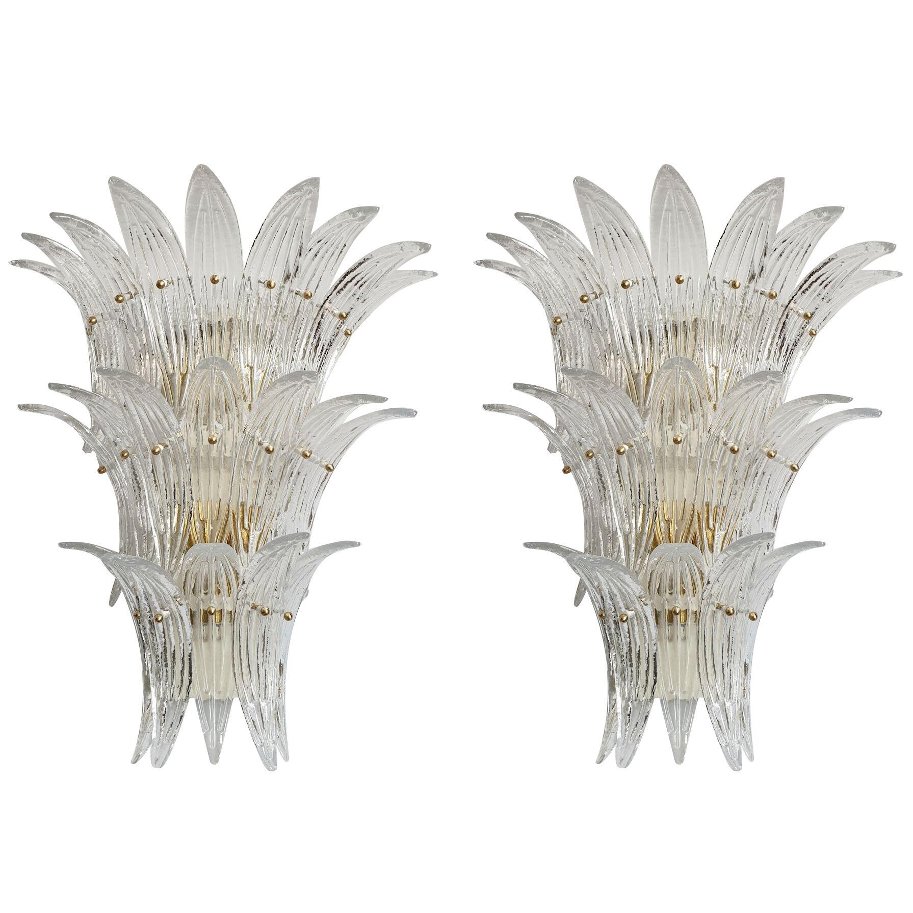 Large Clear Murano Glass Palmette sconces 1970s - a pair