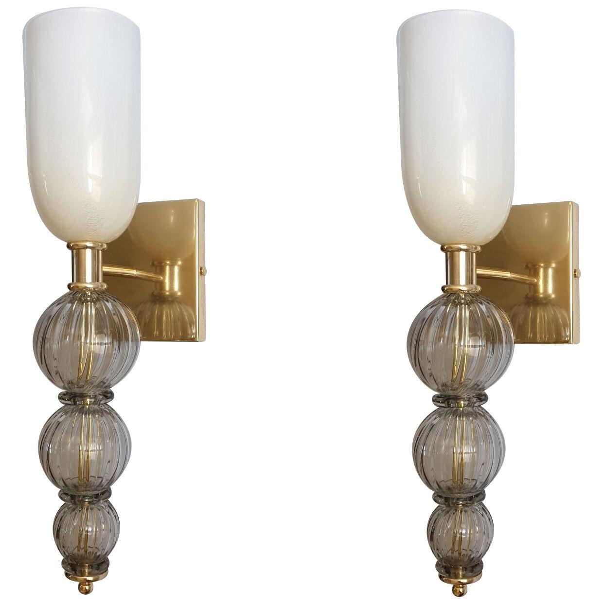Mid Century Murano Glass Tall gray and white Sconces Venini style - a pair