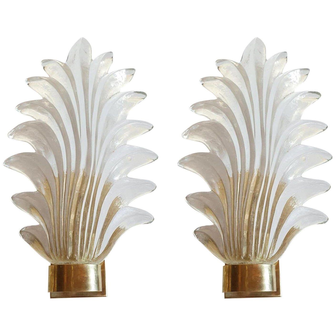 Murano Clear Glass & Brass Palm Leaf Sconces Mid-Century Modern Mazzega St Italy
