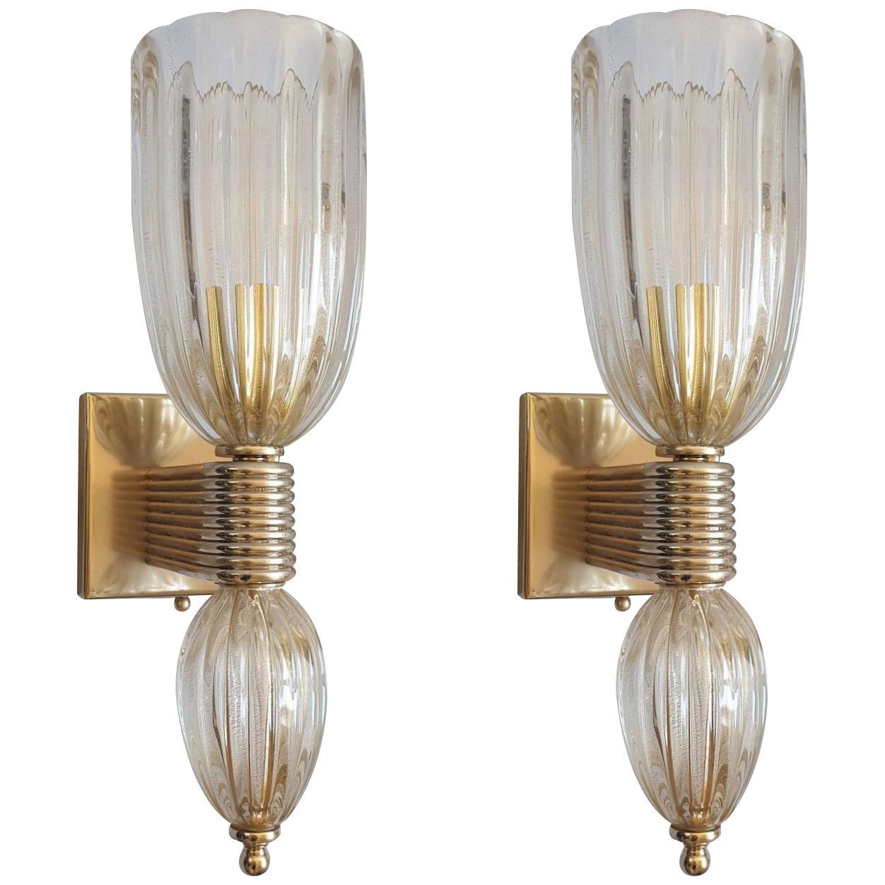 Antique Murano glass and brass sconces, Barovier style - a pair