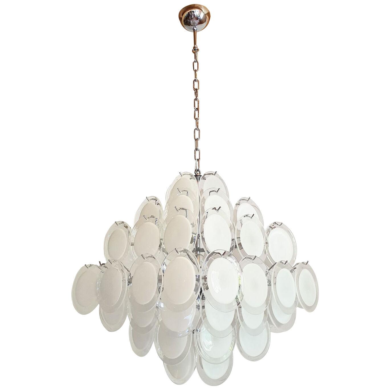 Large White Murano Glass Disc Chandelier by Vistosi  
