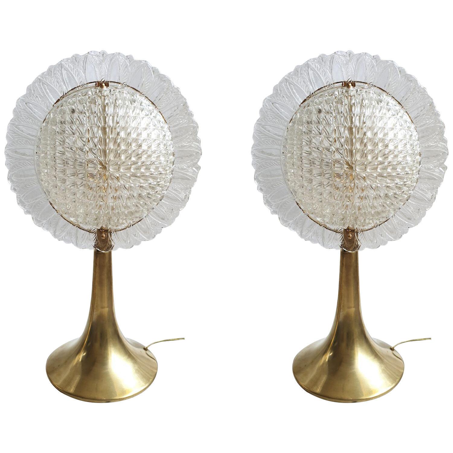 Pair of large Murano glass and brass table lamps