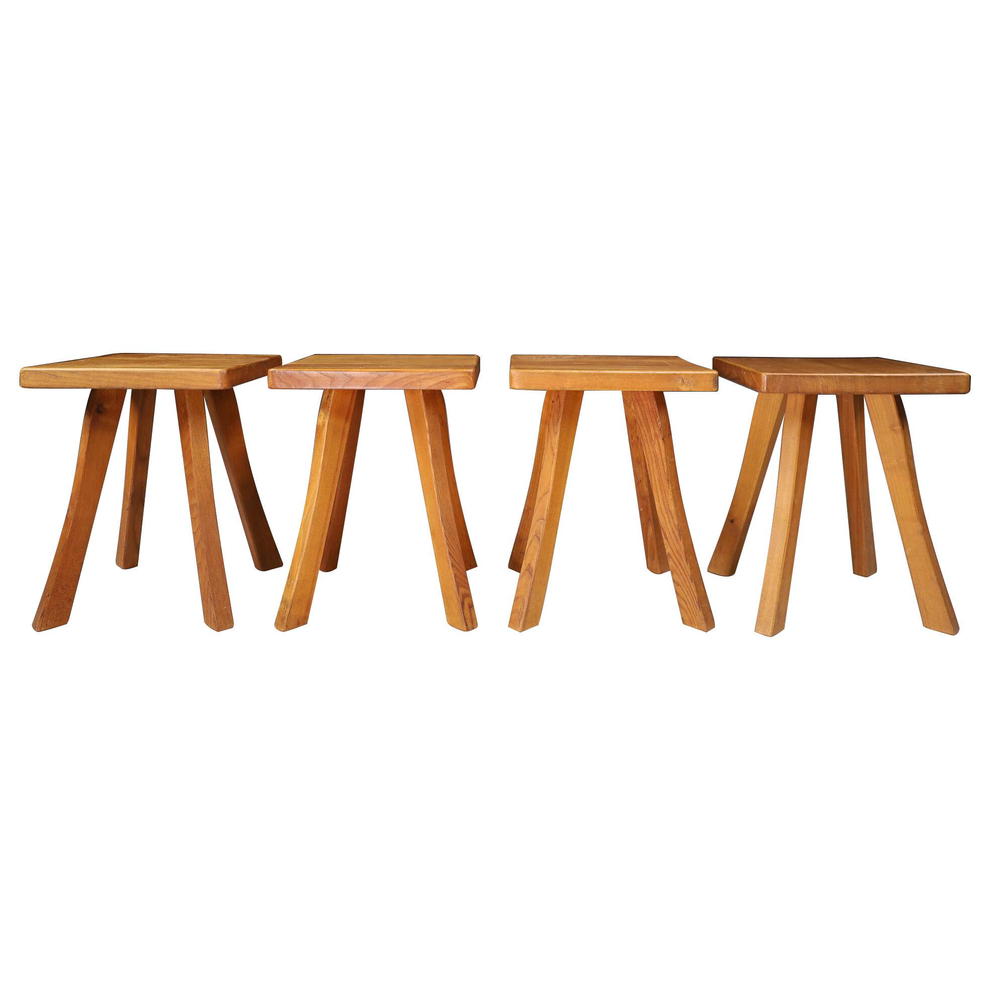 Set/4 Midcentury Elm French stools in the style of Charlotte Perriand France,50s