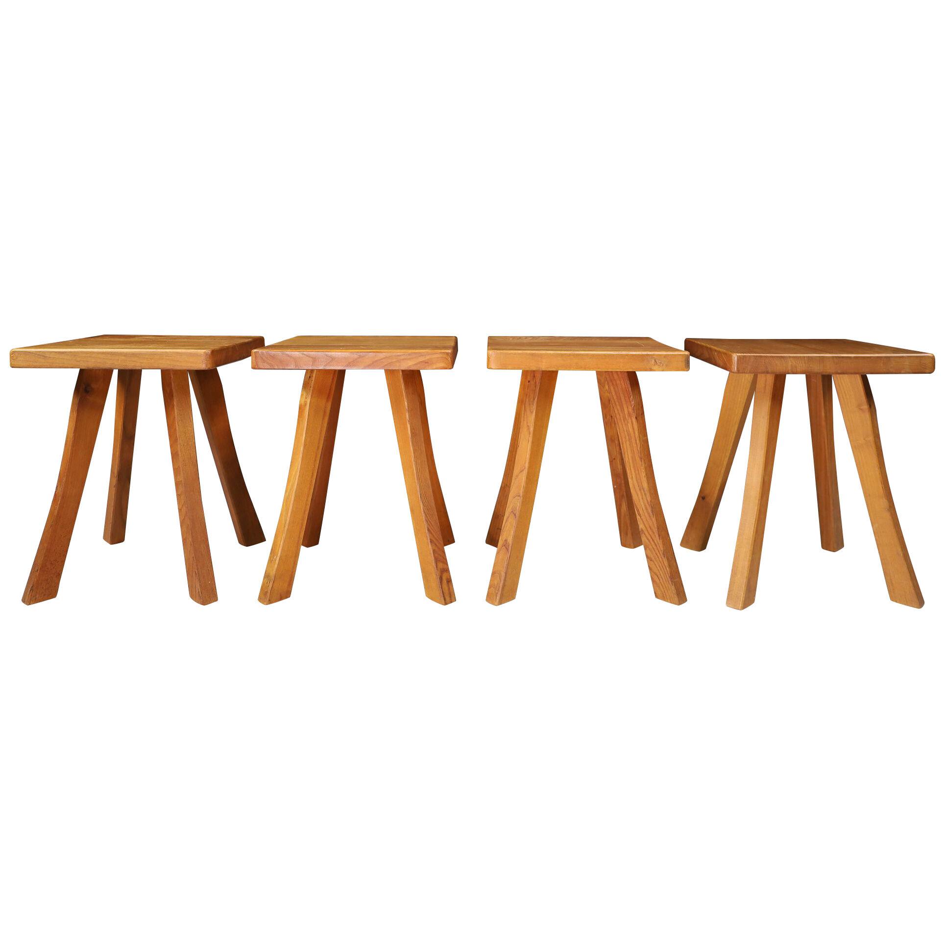 Set/4 Midcentury Elm French Stools in the Style of Charlotte Perriand France,50s