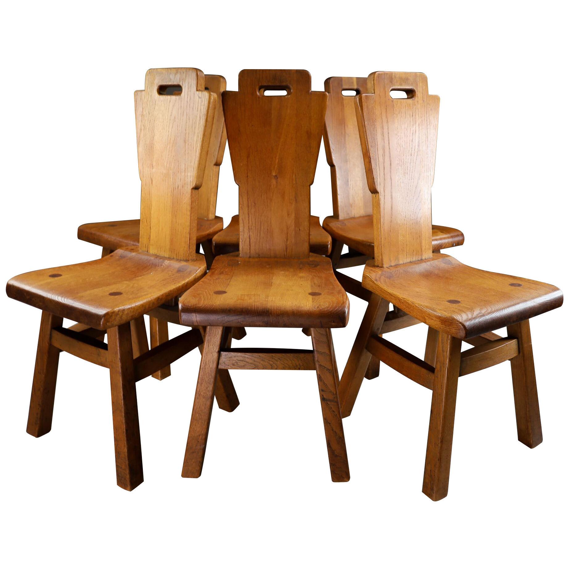 Primitive Solid Oak Dinning Chairs France 1950s