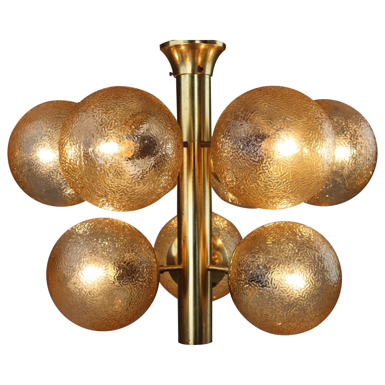 Large Set Kaiser Sputnik Glass Globes Patinated Brass Chandeliers, Germany 1970s