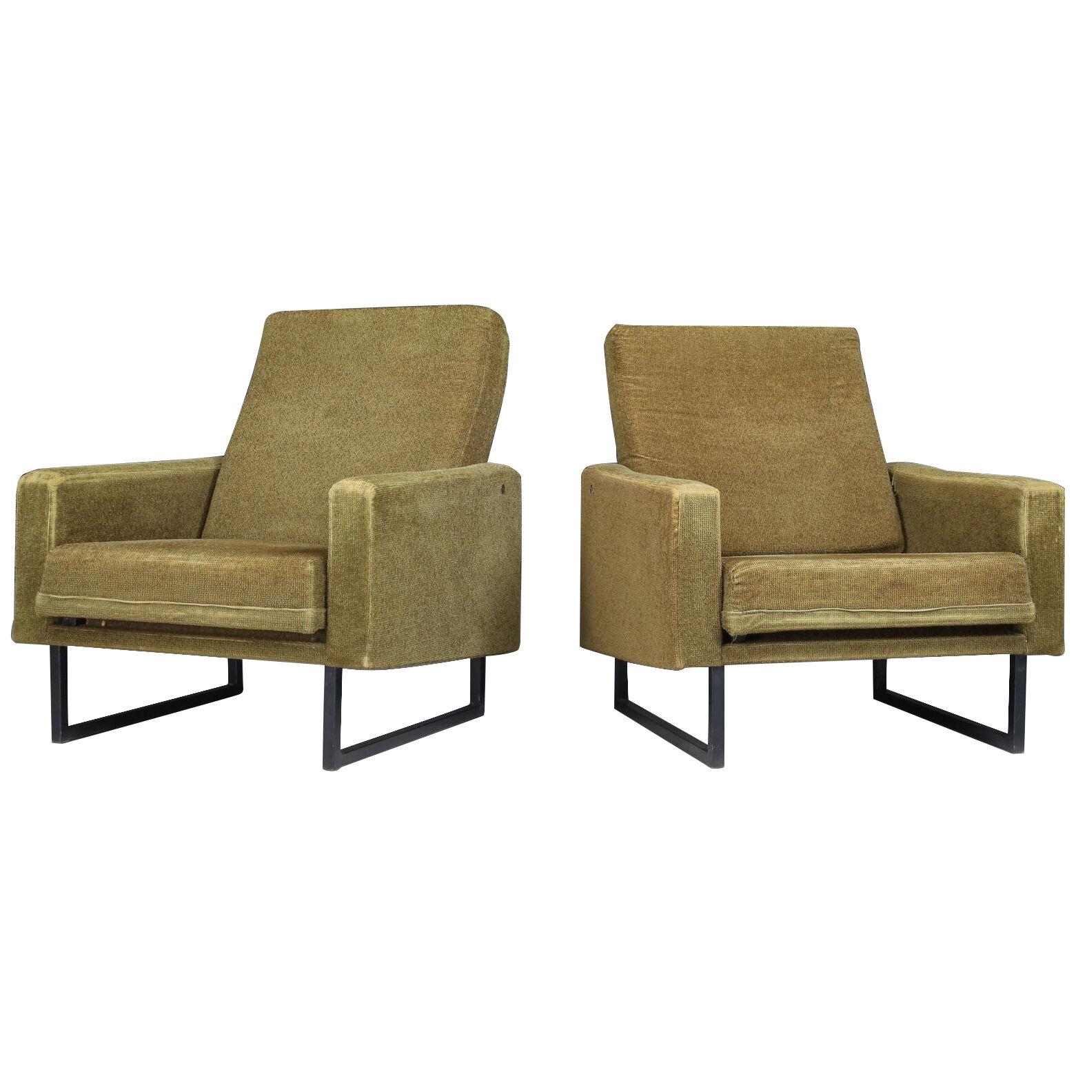 Pair Lounge Chairs by René Jean Caillette for Steiner in Original Fabric, 1963 