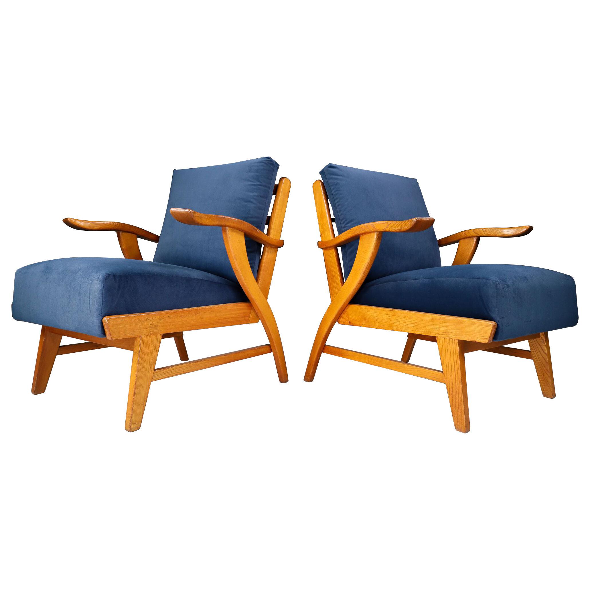 Reupholstered Lounge Chairs with Sculptural Ash Wooden Frame France, 1960s