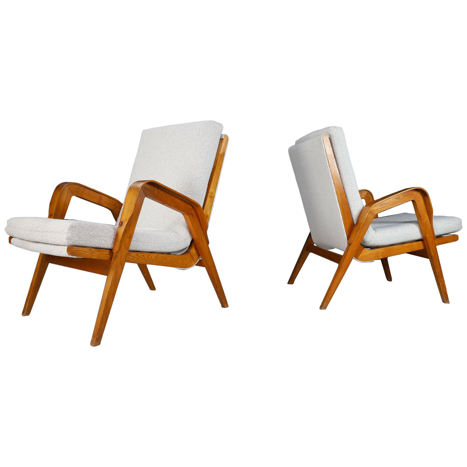 Sculptural Ash Lounge Chairs Reupholstered in Bouclé Fabric Praque 1940s