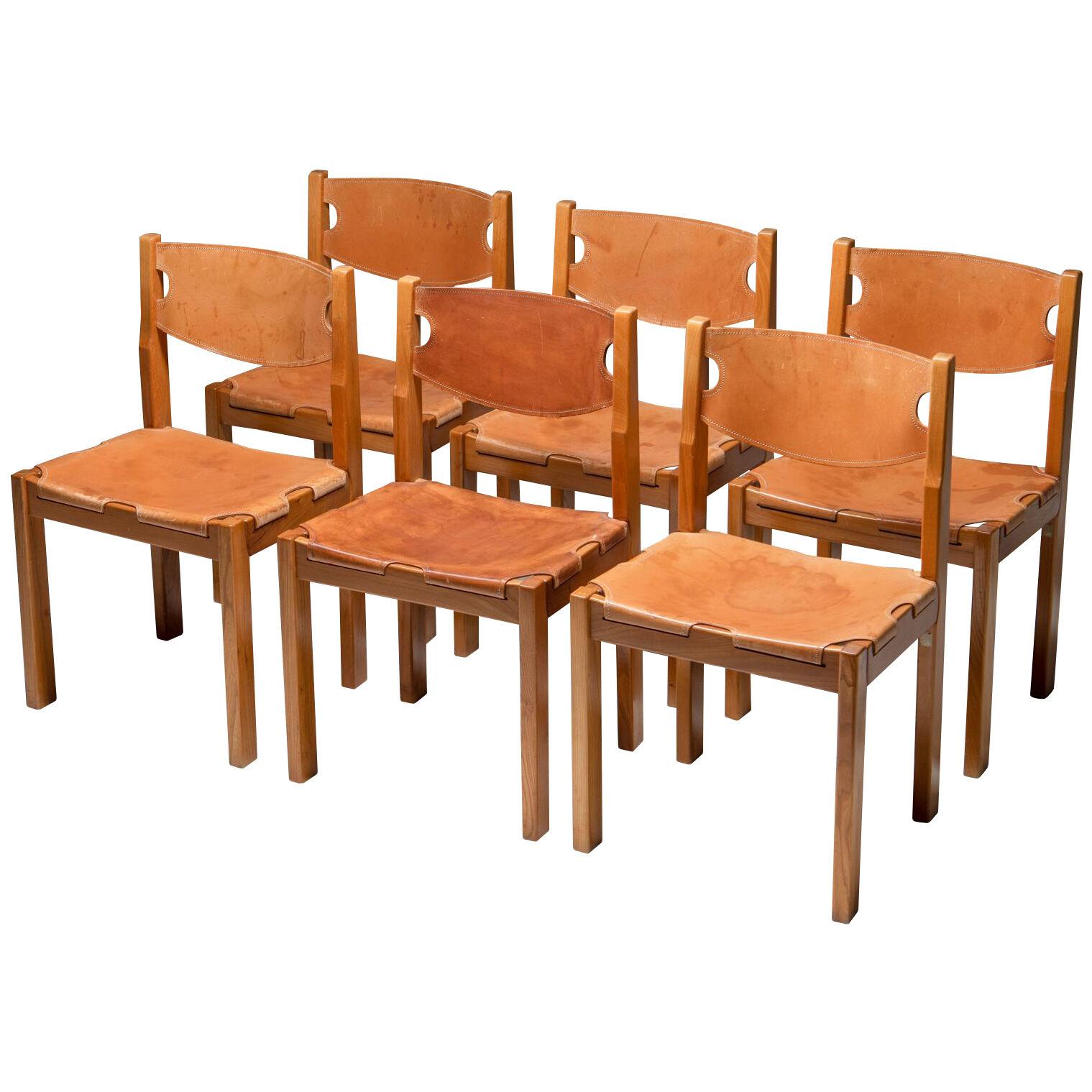 6 dining chairs in solid elm and leather, Maison Regain, 1980's, FRANCE