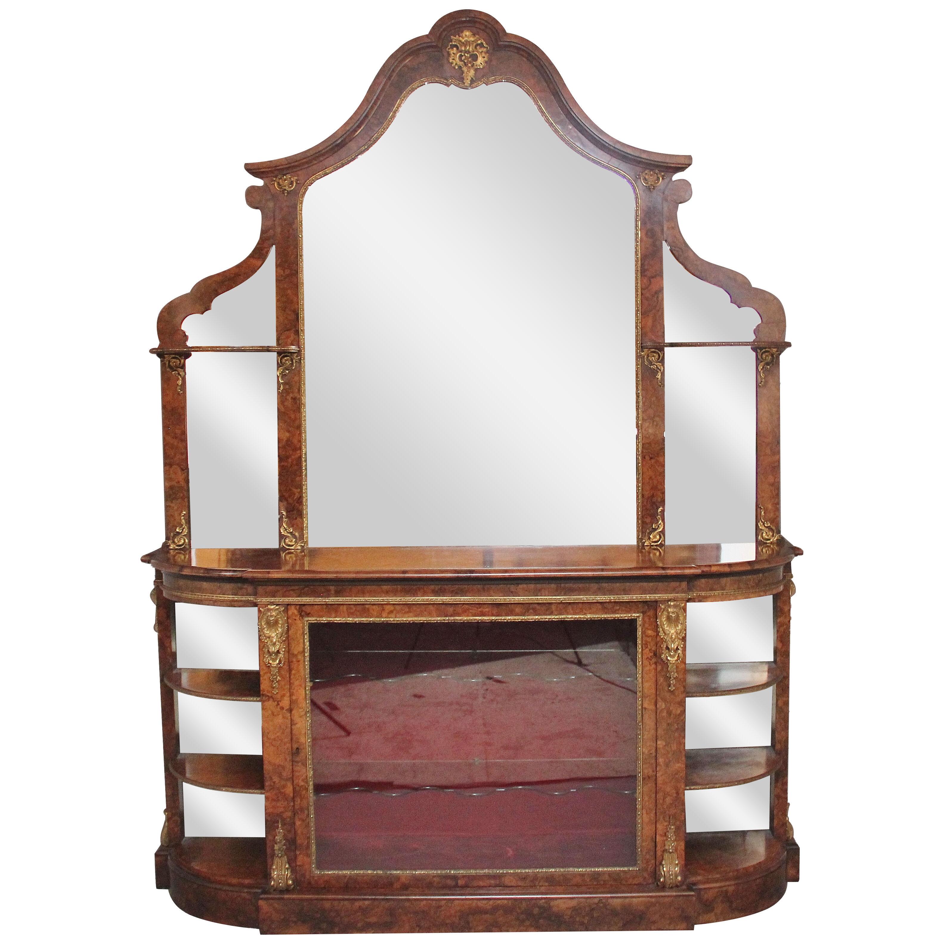 Exhibition quality antique 19th Century burr walnut mirror back credenza