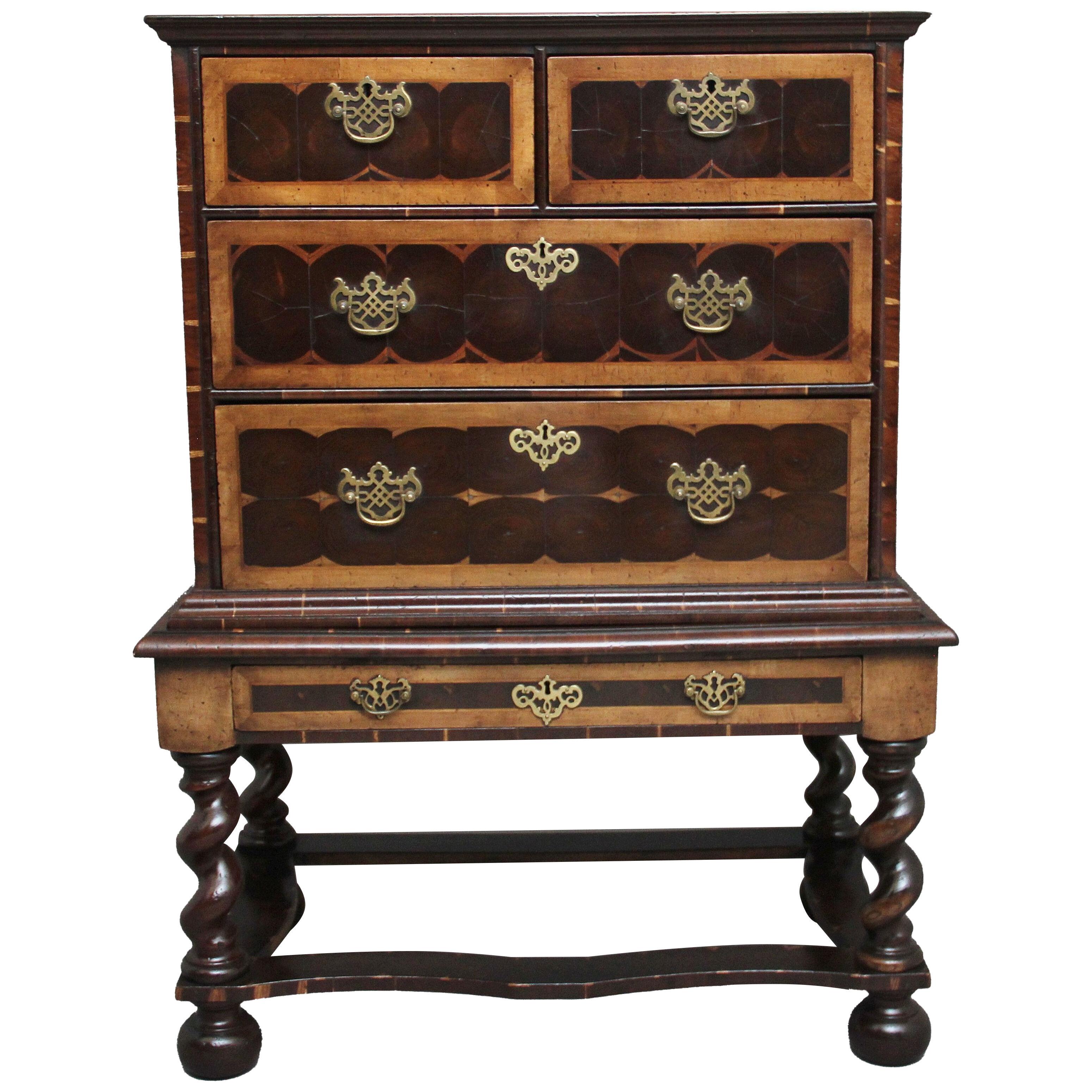 Early 20th Century laburnam oyster chest on stand in the style of William & Mary