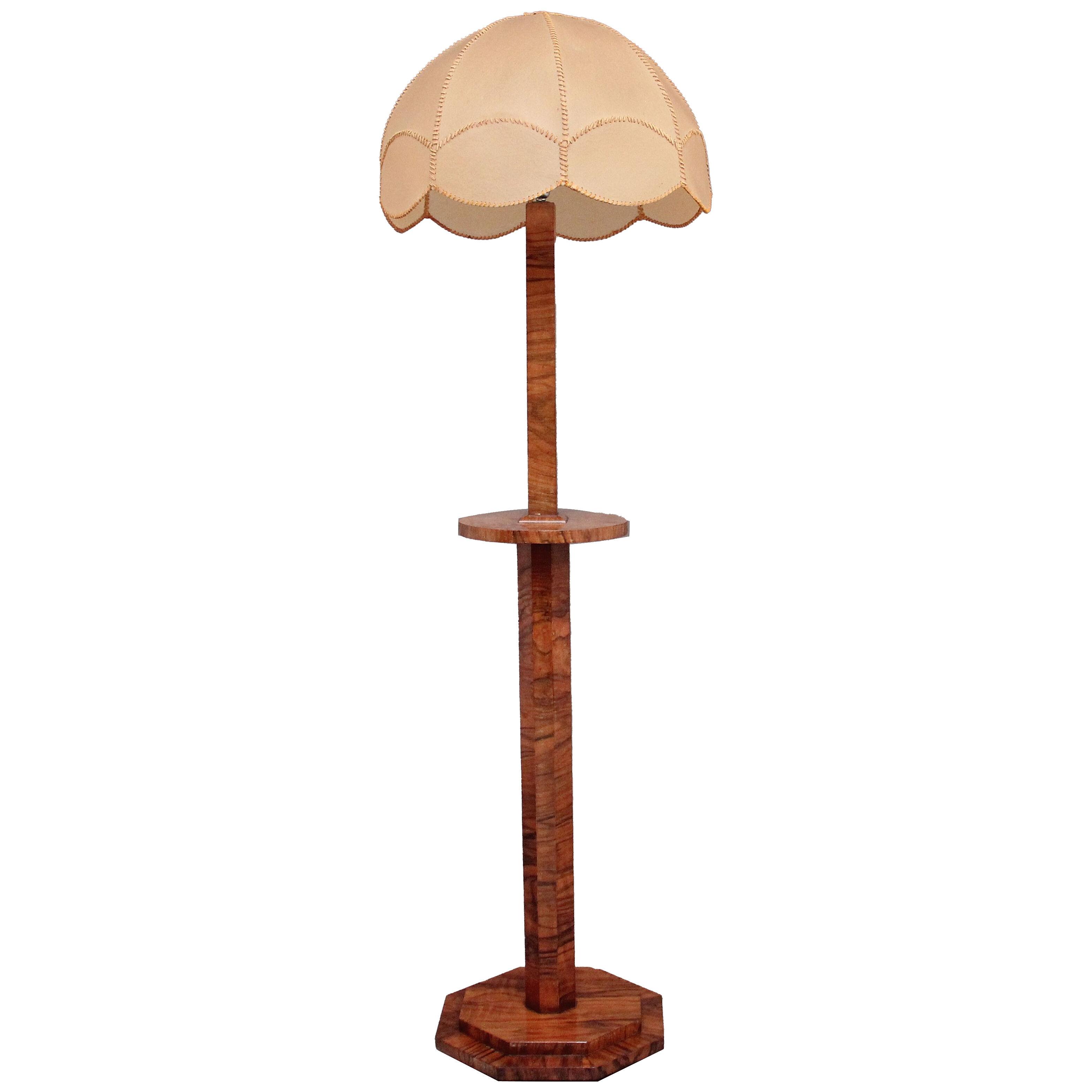 Early 20th Century Art Deco walnut standard lamp and shade