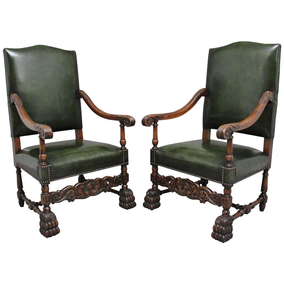 Pair of Early 20th Century Carved Armchairs in the Carolean Style
