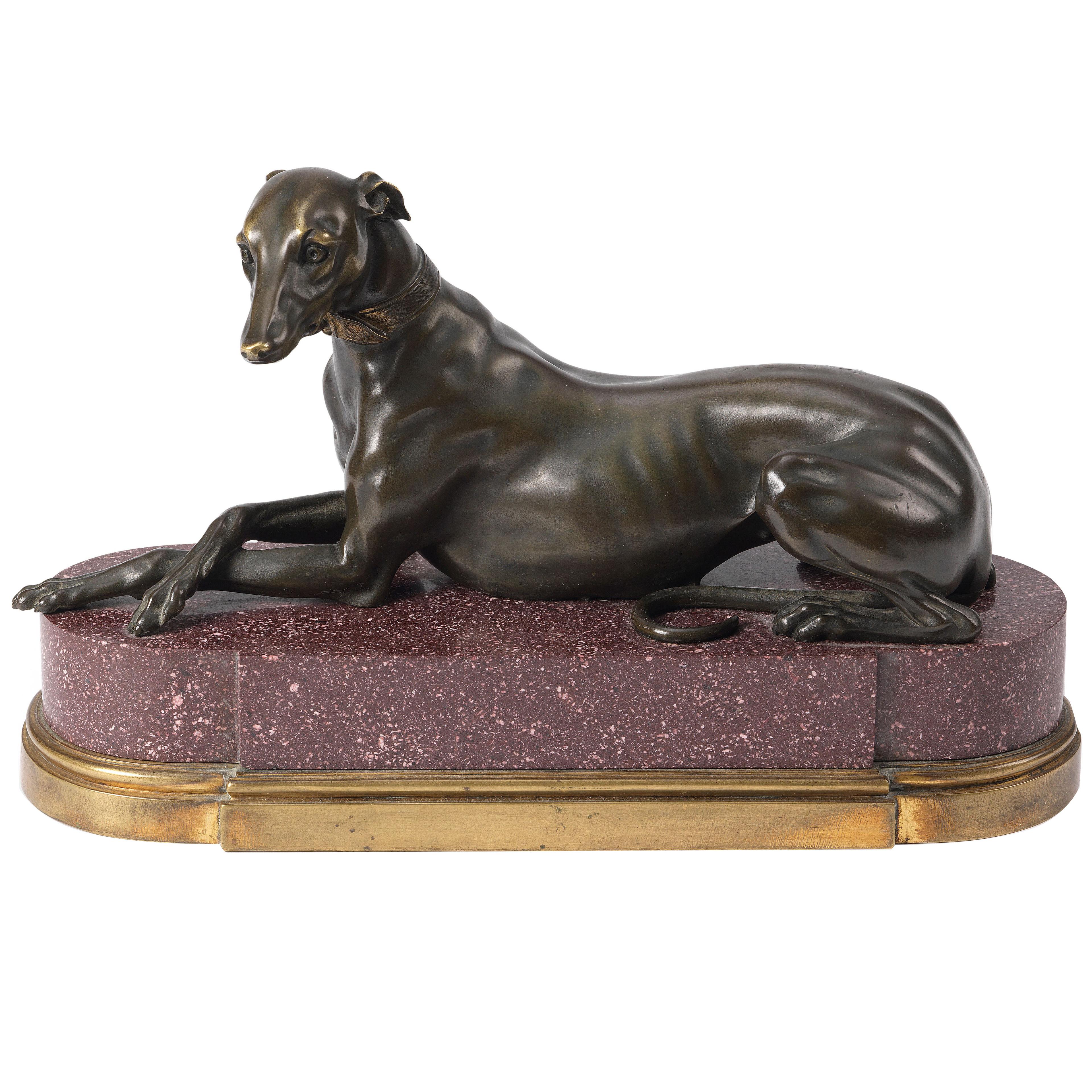 Elegant Early 19th Century French Bronze Figure of a Greyhound on Porphyry Base